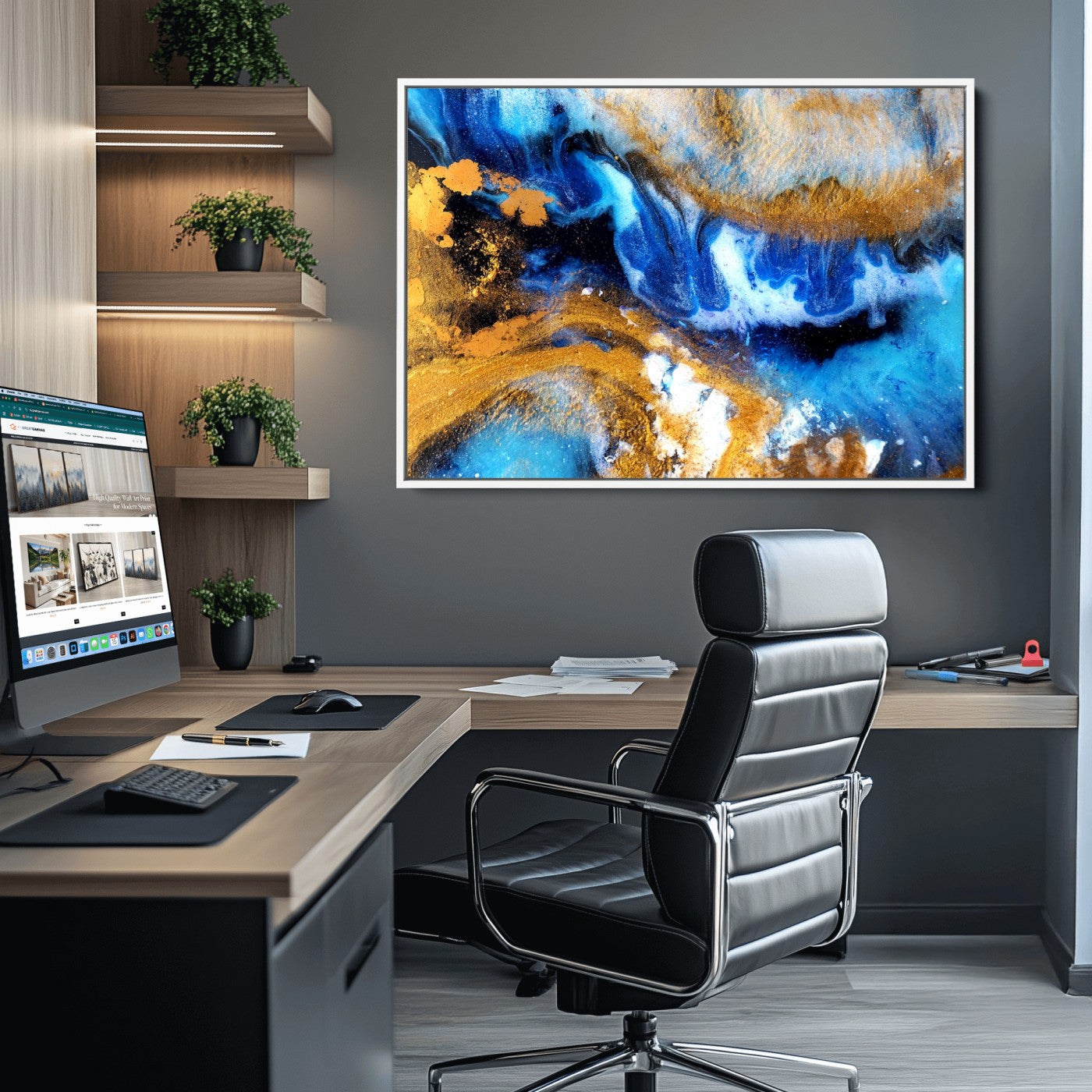 42100-MGV-CV-36X24-Blue Orange Marble Fluid Effect Canvas Wall Art Print