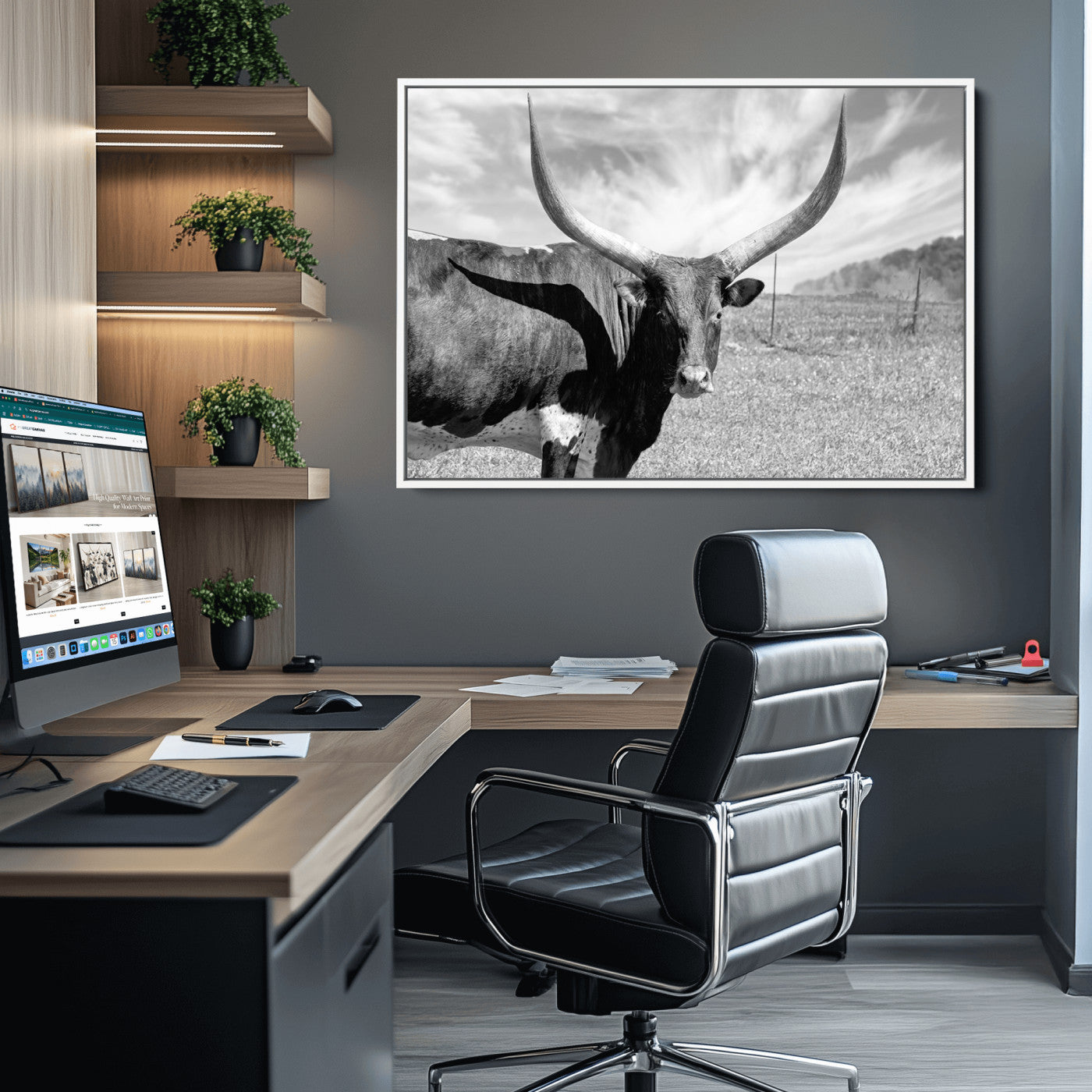 30017-MGV-CV-36X24-Cattle Wall Art Longhorn Cow Canvas Print