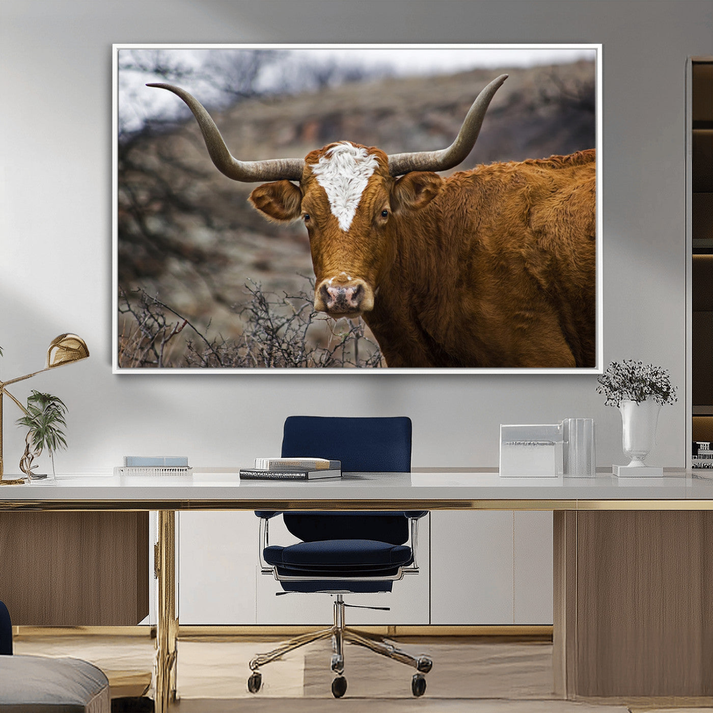 MGV-FC-36X24 - Texas Longhorn Canvas Wall Art - Longhorn Steer Canvas Wall Art Print- Rustic Western Animal Print,