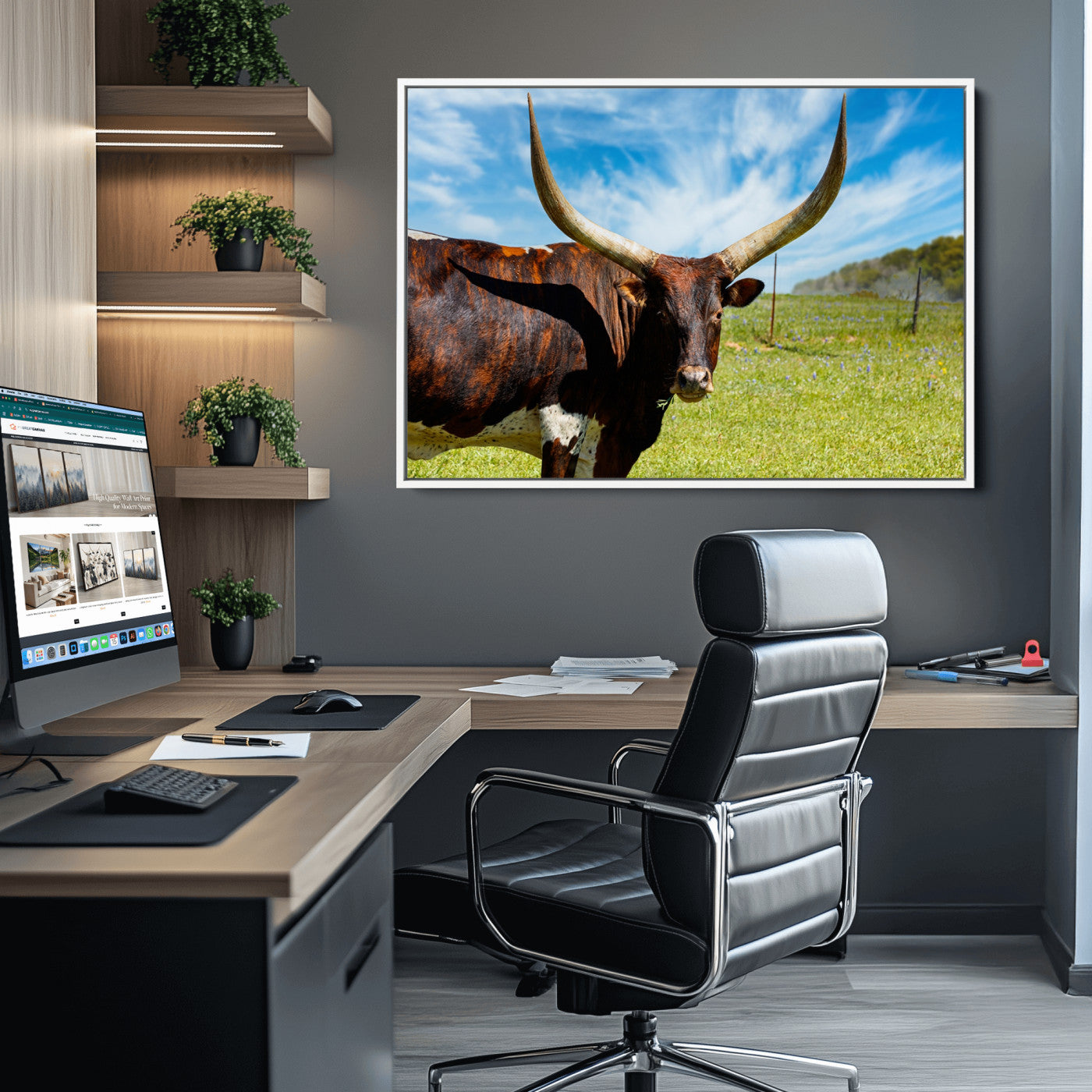 47037-MGV-CV-36X24-Longhorn and Cow Wall Art, Country Cow Wall Decor Canvas Print
