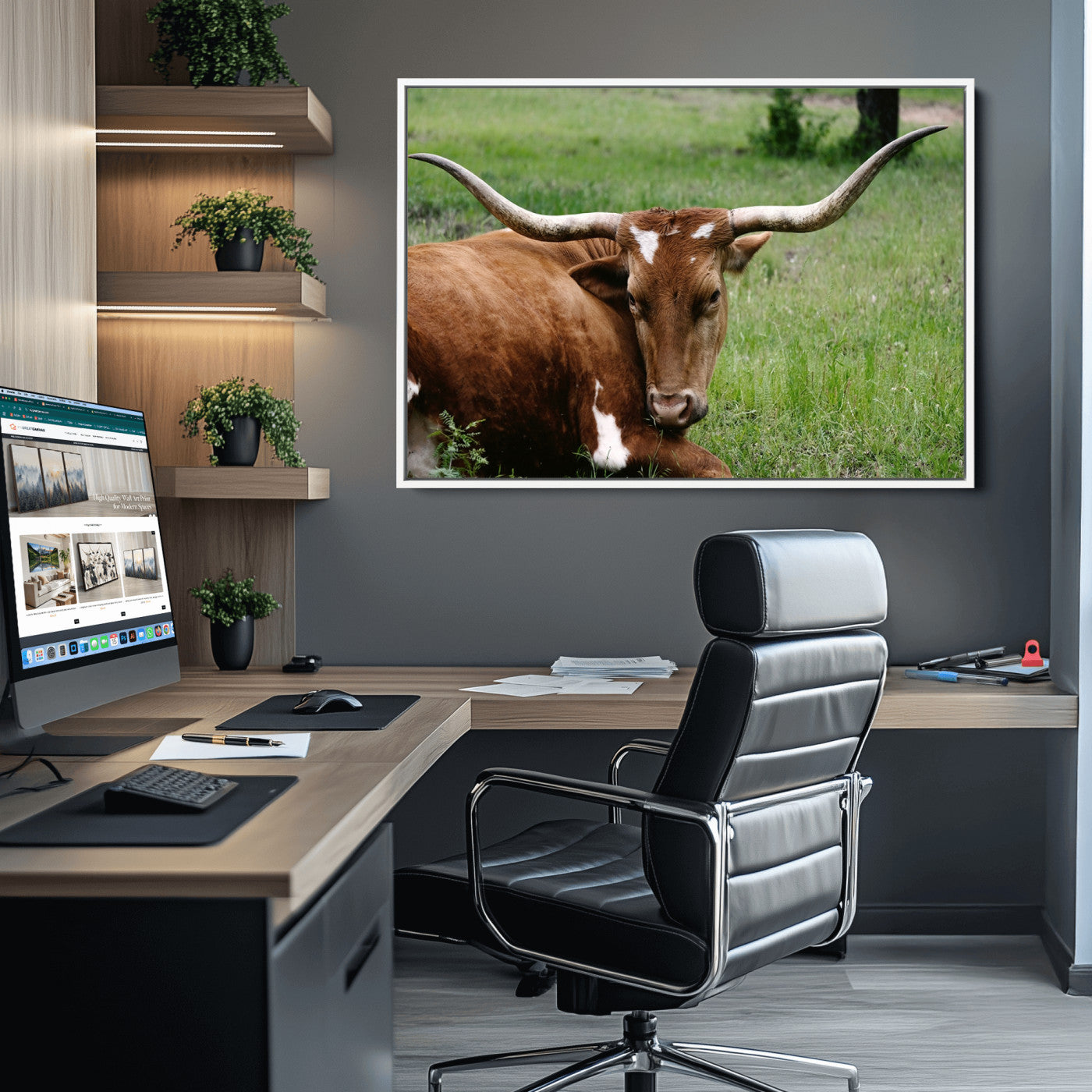 45997-MGV-CV-36X24-Longhorn Cow Animal Wall Art Canvas Print