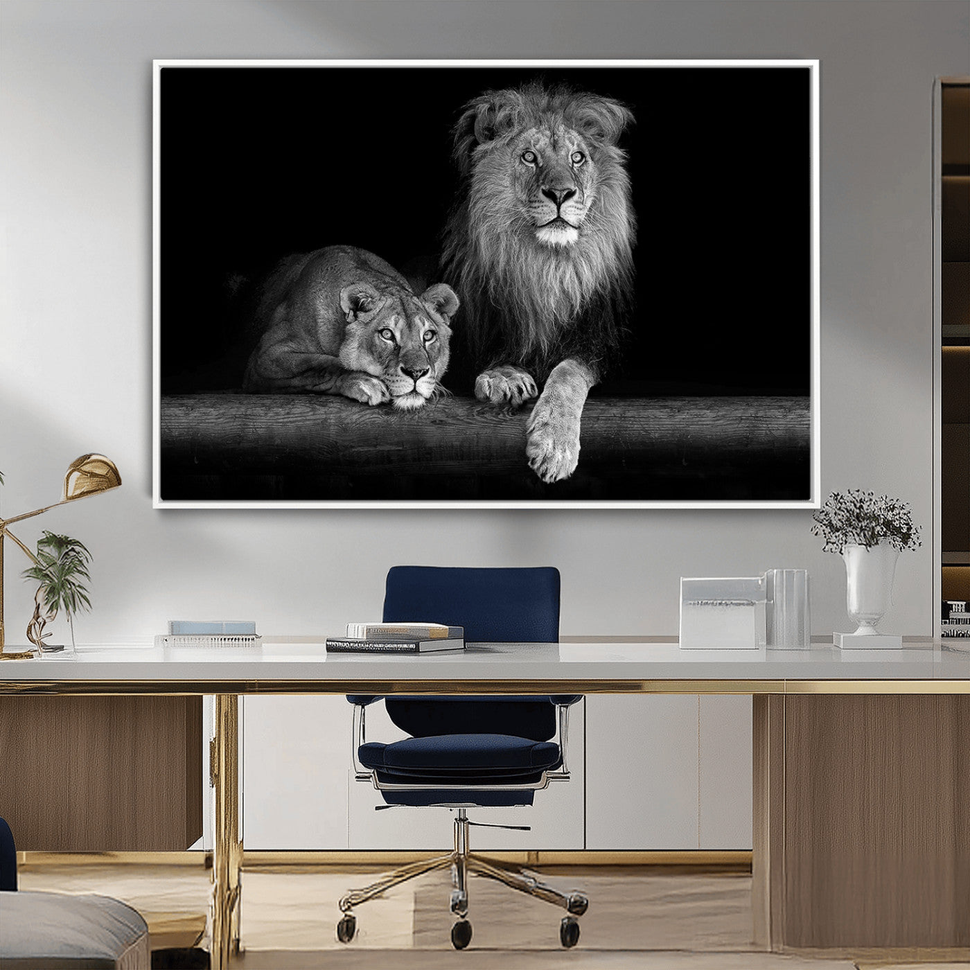 MGV-FC-36X24 - Large Black and White Lion Couple Wall Art Canvas Print