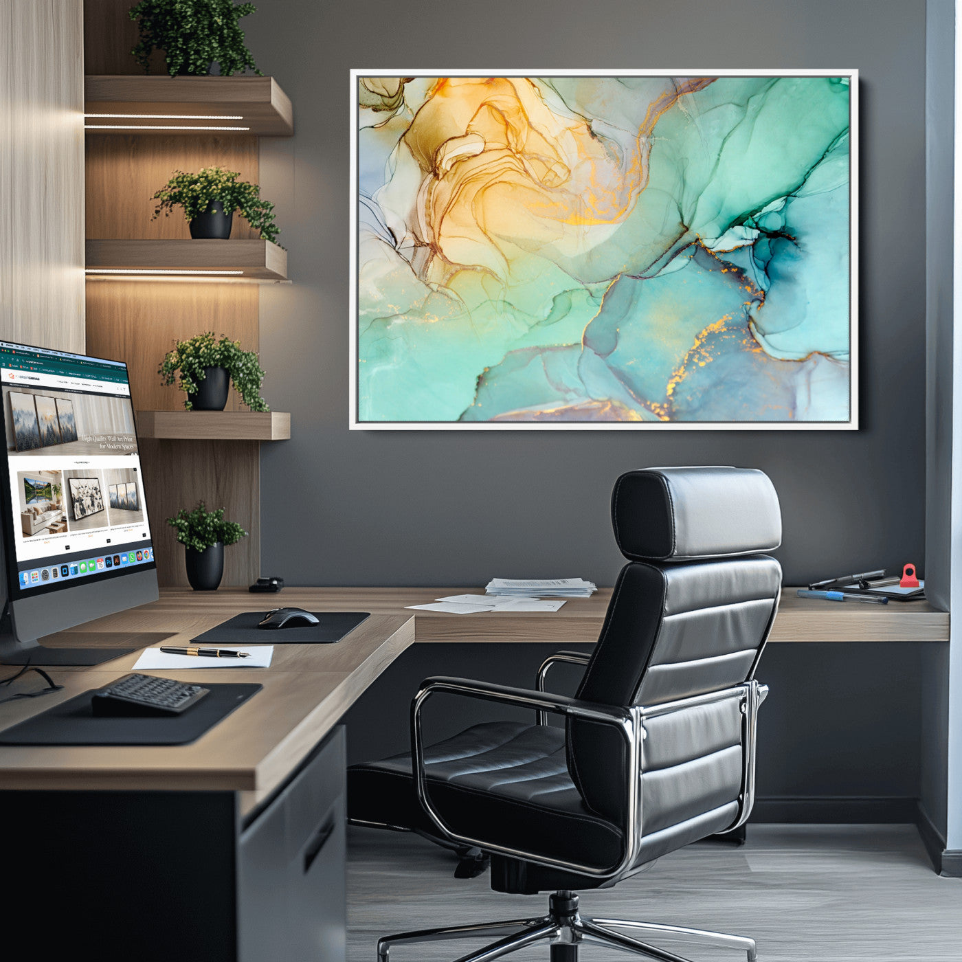 47242-MGV-CV-36X24-Green Marble Fluid Effect Wall Art Abstract Canvas Wall Art Print