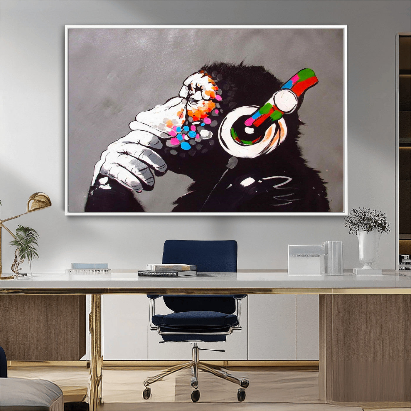 MGV-FC-36X24 - Dj Monkey Listening to Music Wall Art Print | Banksy Monkey Large Canvas Print for Living Room,