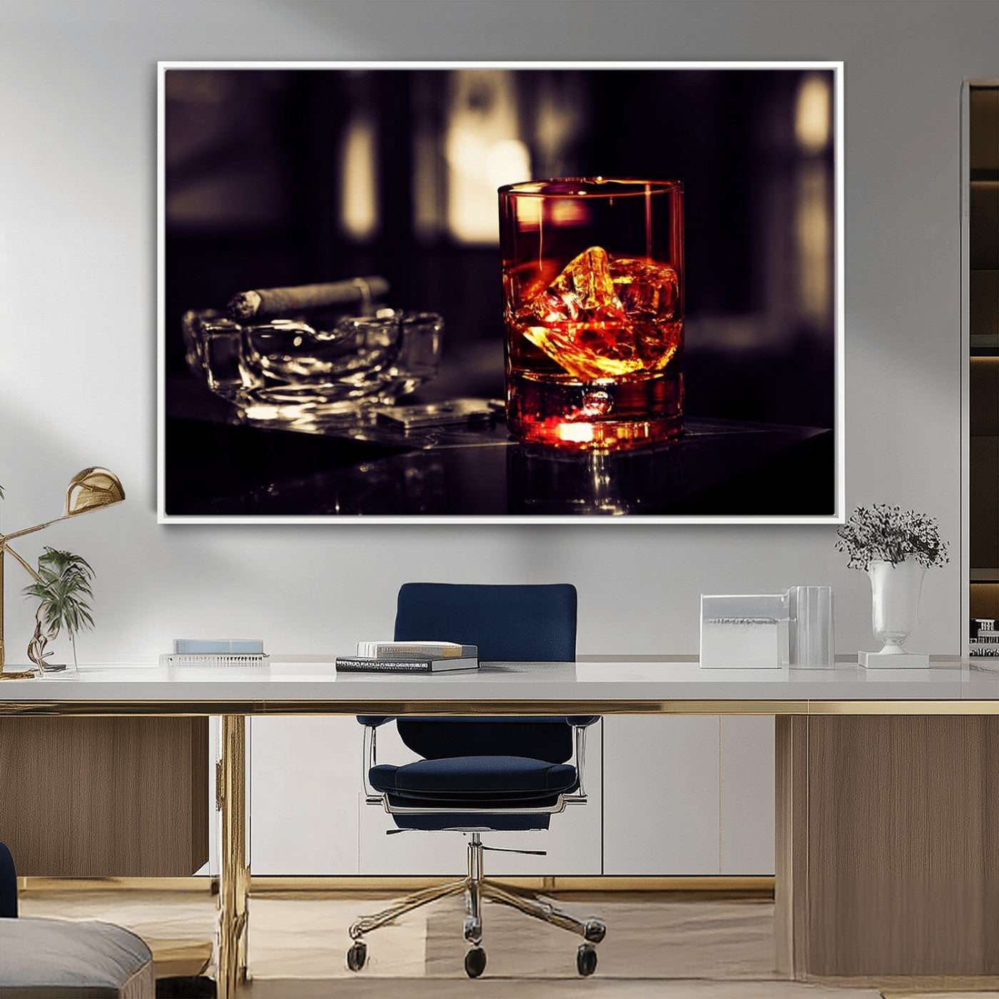 MGV-FC-36X24 - Whiskey and Cigar Canvas – Luxurious Wall Art for Home or Bar – Glass and Cigar Scene Print Canvas