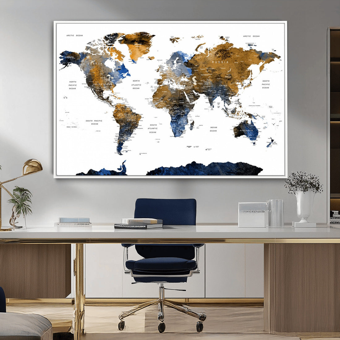 Modern Abstract World Map Canvas Wall Art | Framed Blue and Gold Map Print