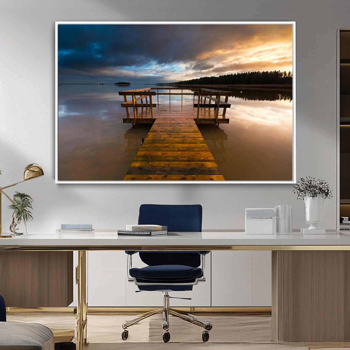MGV-FC-36X24 - Serene Lake Pier at Sunset Canvas Print | Landscape Canvas Print | Ready to Hang and Framed Wall Art