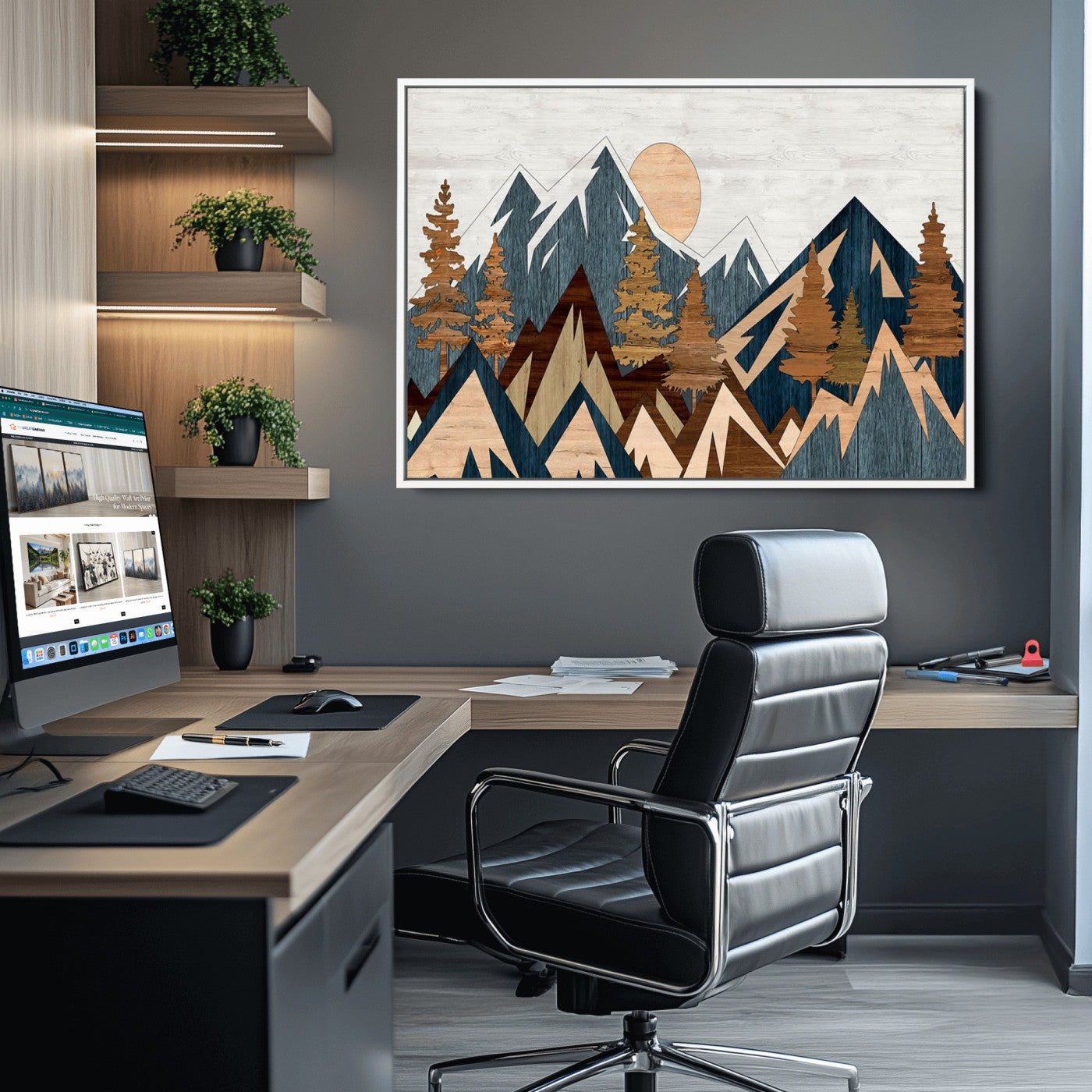 91467-MGV-CV-36X24-Abstract Wood Panel Effect Mountain Range Top Wall Art Canvas Print
