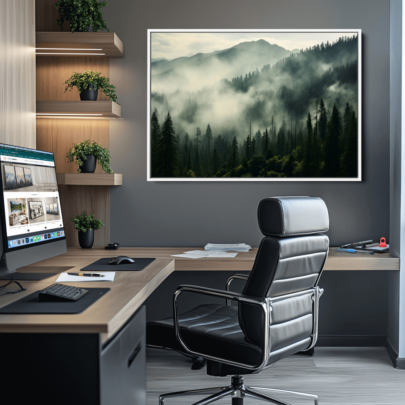 25295-MGV-CV-36X24-Captivating Misty Forest Wall Art Premium Canvas Print a Foggy and Serene Atmosphere