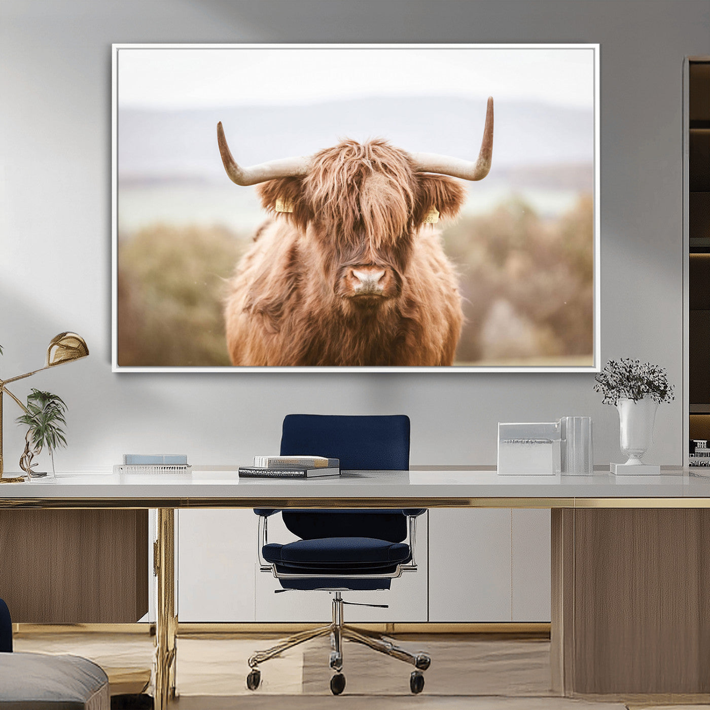 MGV-FC-36X24 - Scottish Serene Highland Cow Canvas Wall Art – Serene Highland Cow in Natural Pastel Tones – Ready