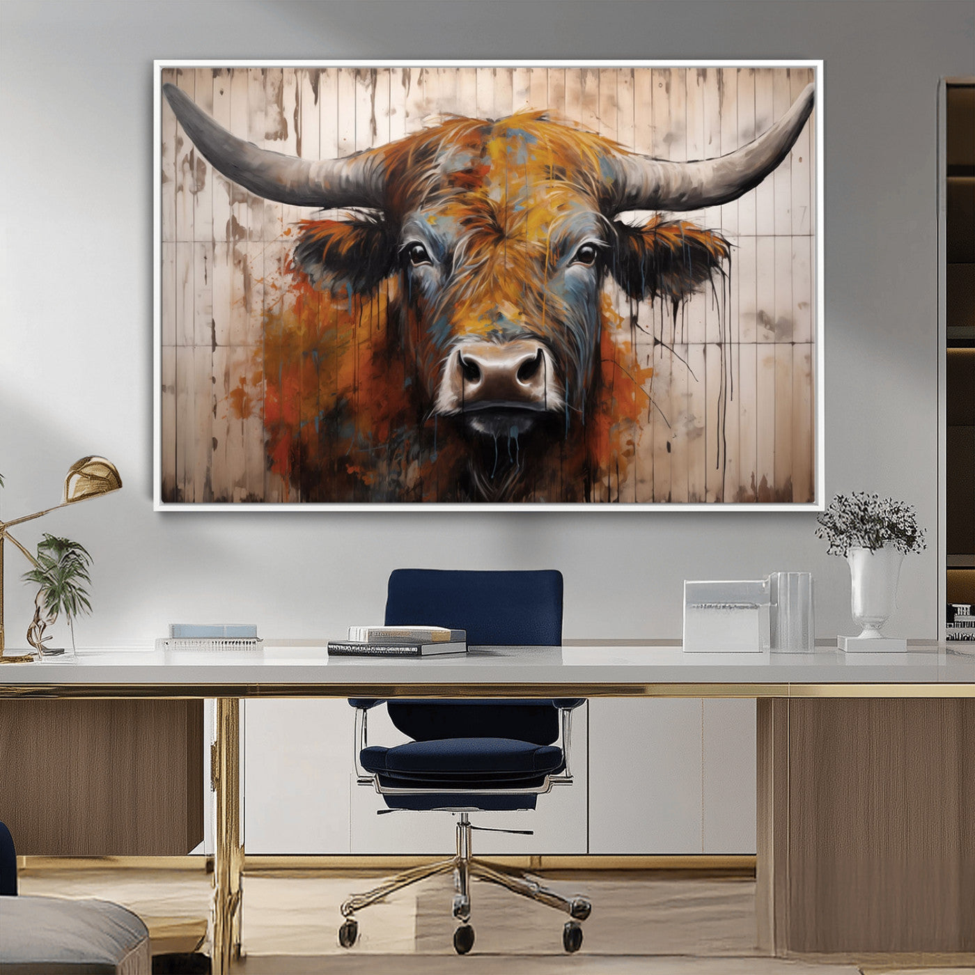 MGV-FC-36X24 - Abstract Bull Highland Cow Canvas Wall Art Print – Vibrant Rustic Charm in Modern Farmhouse Decor –
