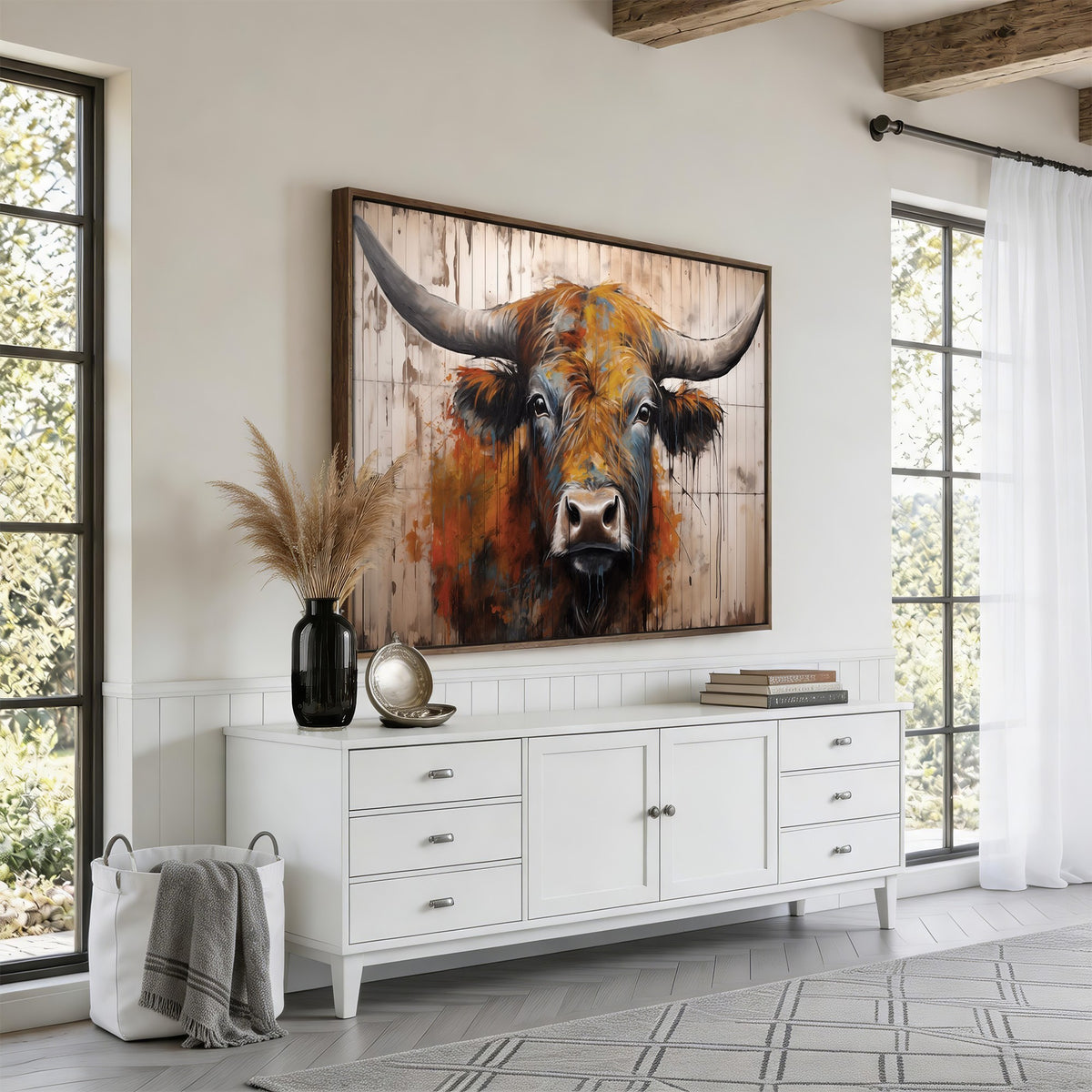 47284-MGV-CV-24X16 - Abstract Bull Highland Cow Canvas Wall Art Print