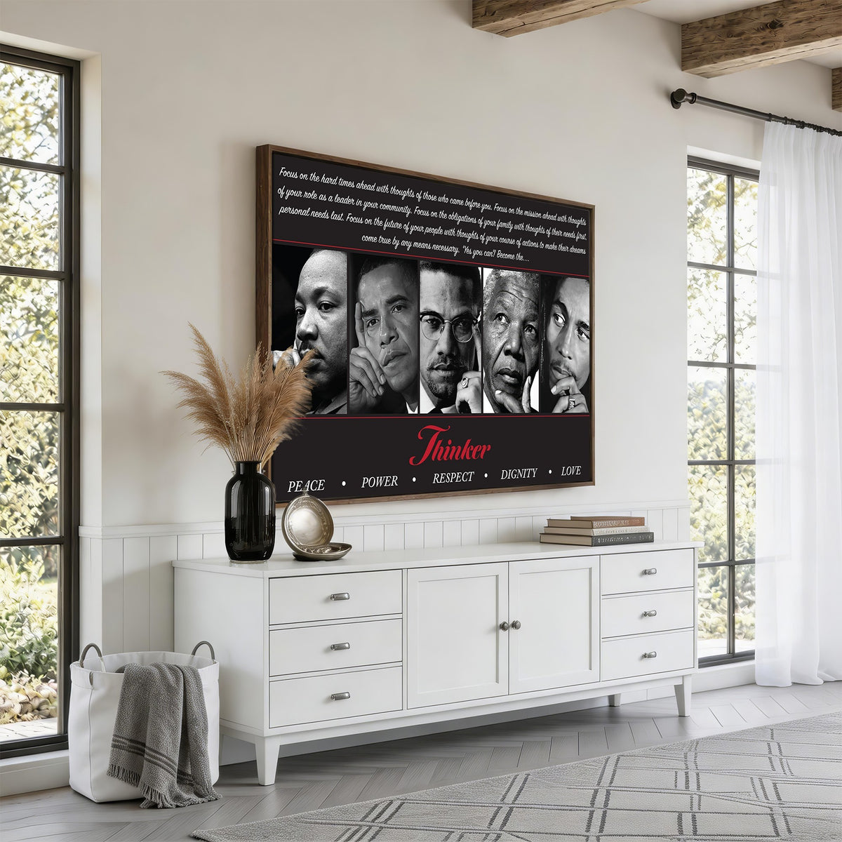 45112-MGV-CV-24X16 - Thinker Quintet Canvas Wall Art | Martin, Obama, Malcolm X, Mandela, Marley, Peace Power Respect Dignity Love