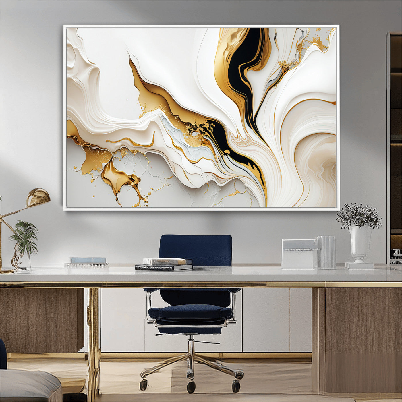 -Gold Waves on Pure White Canvas – Gold Abstract Art for Modern Interiors | Wall Art Canvas, Framed &