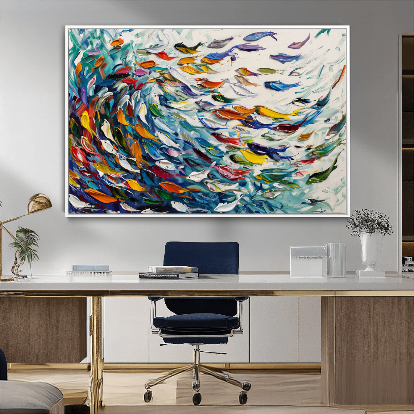 MGV-FC-36X24 - Modern Abstract Fish Shoal Wall Art Canvas Print, Colorful Fish Herd Painting on Canvas Print, Ocean