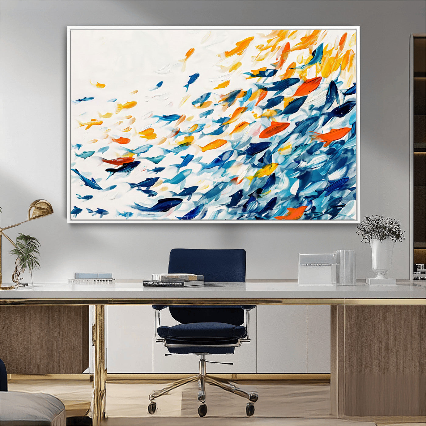 MGV-FC-36X24 - Abstract Fish Shoal Wall Art Canvas Print, Colorful Fish Herd Painting on Canvas Print, Ocean Animal