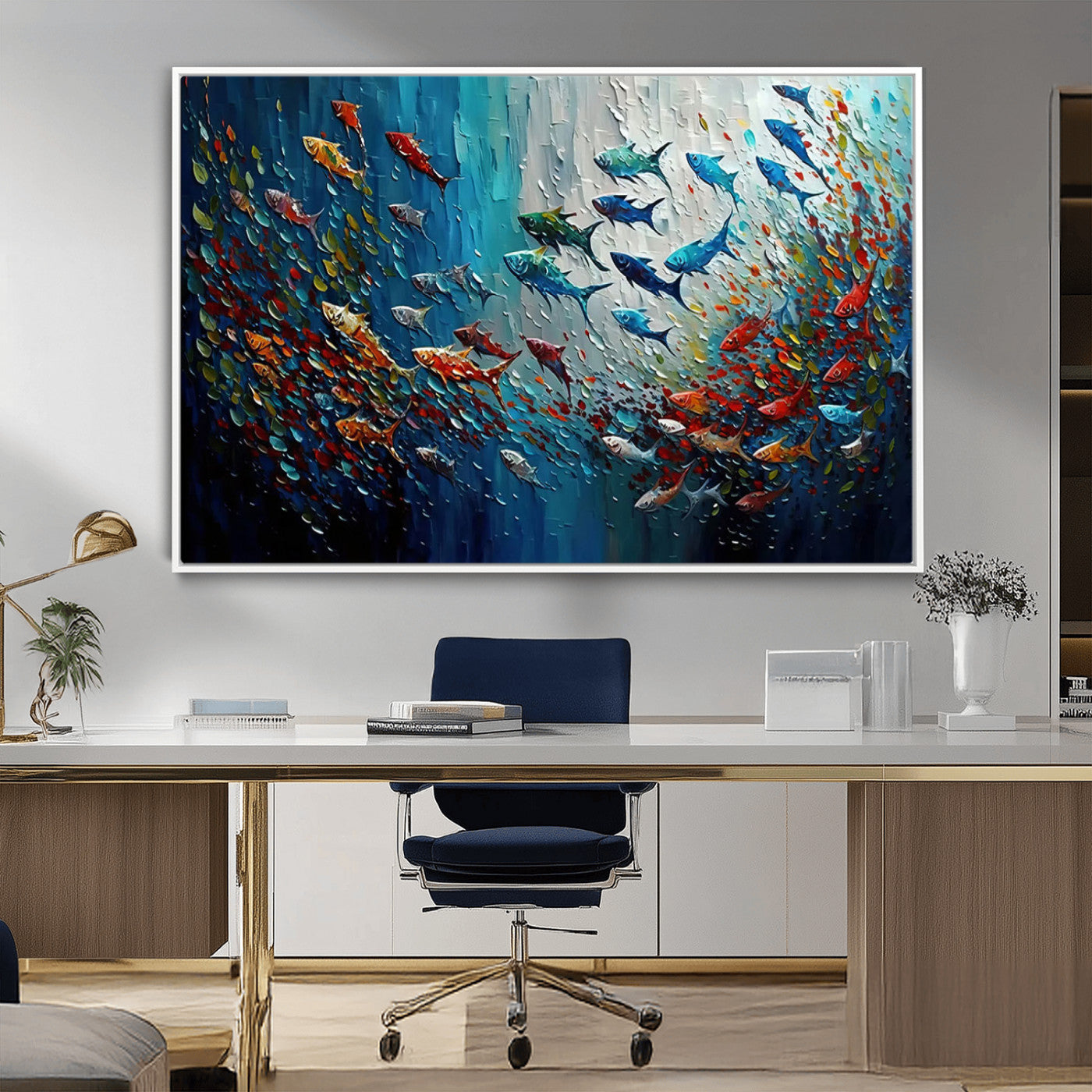 MGV-FC-36X24 - Modern Abstract Fish Shoal Wall Art Canvas Print, Colorful Fish Herd Painting on Canvas Print, Ocean