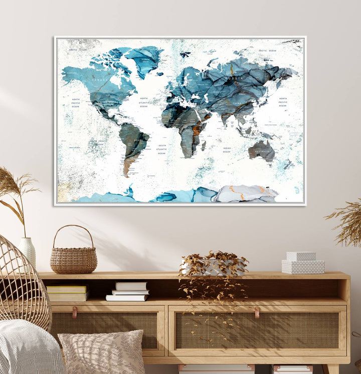 Push Pin World Map Wall Art Canvas Print adds a touch of elegance to the home decor.