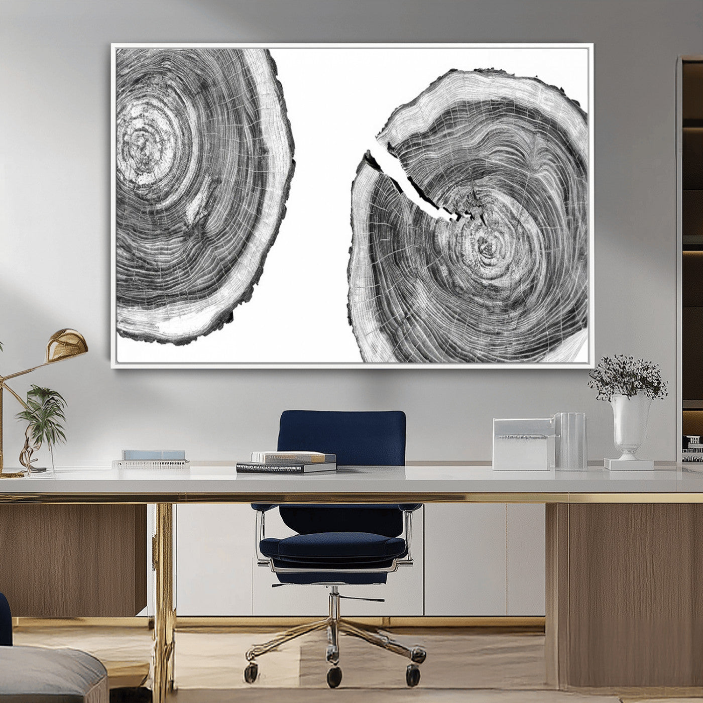 MGV-FC-36X24 - Modern Black and White Tree Rings Canvas Wall Art – Nature Inspired Wood Slice Print – Minimalist