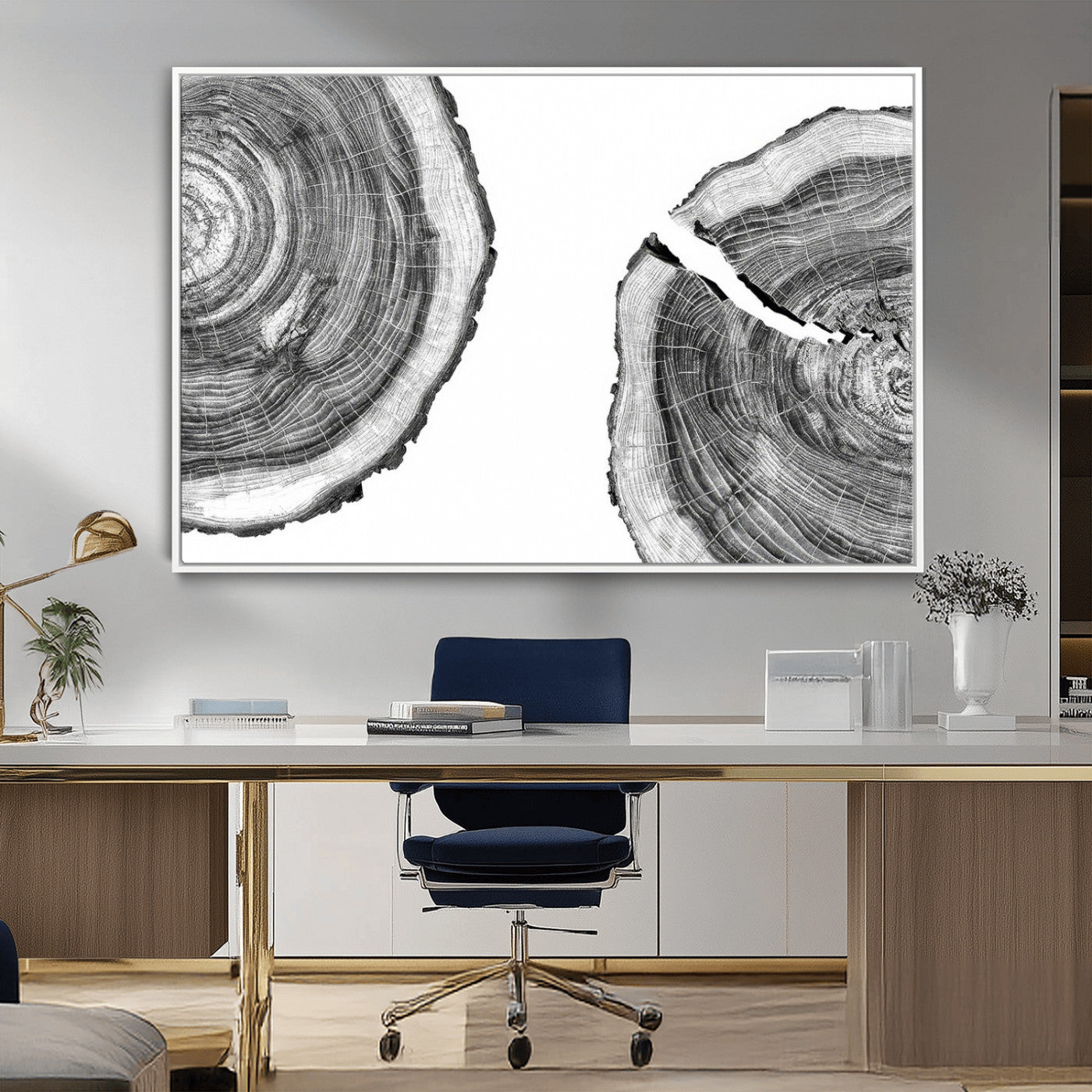 MGV-FC-36X24 - Abstract Large Tree Rings – Minimalist Black and White Wood Art | Triptych Canvas, Modern Wall Decor