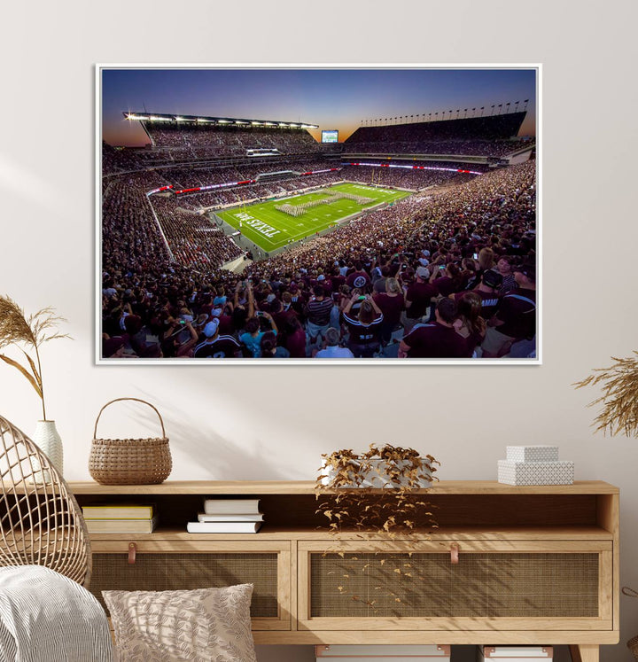 A vibrant canvas print of Texas A&M Aggies at College Stations Kyle Field Stadium captures the energy of fans cheering as the band marches at sunset.