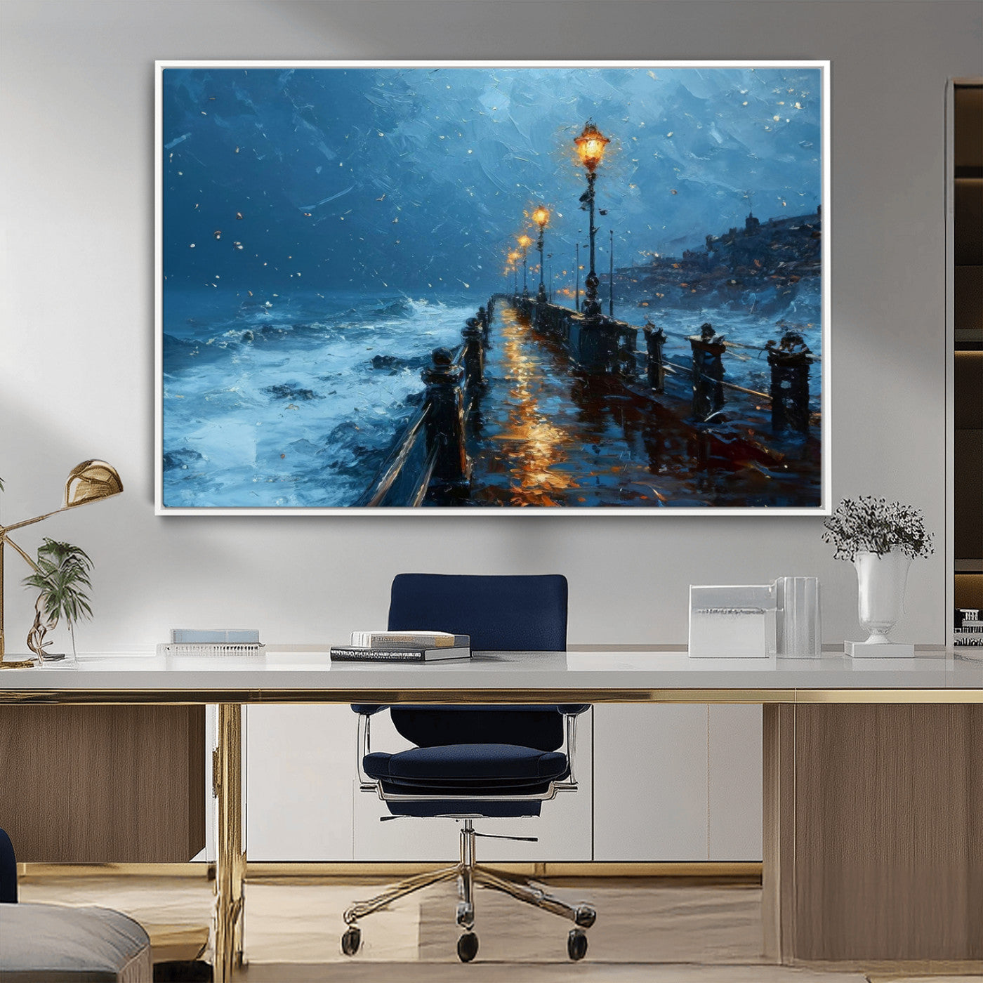 MGV-FC-36X24 - Stormy Night at Beach Pier Oil Painting Large Wall Art Print, Framed Canvas Nature Wall Decor,