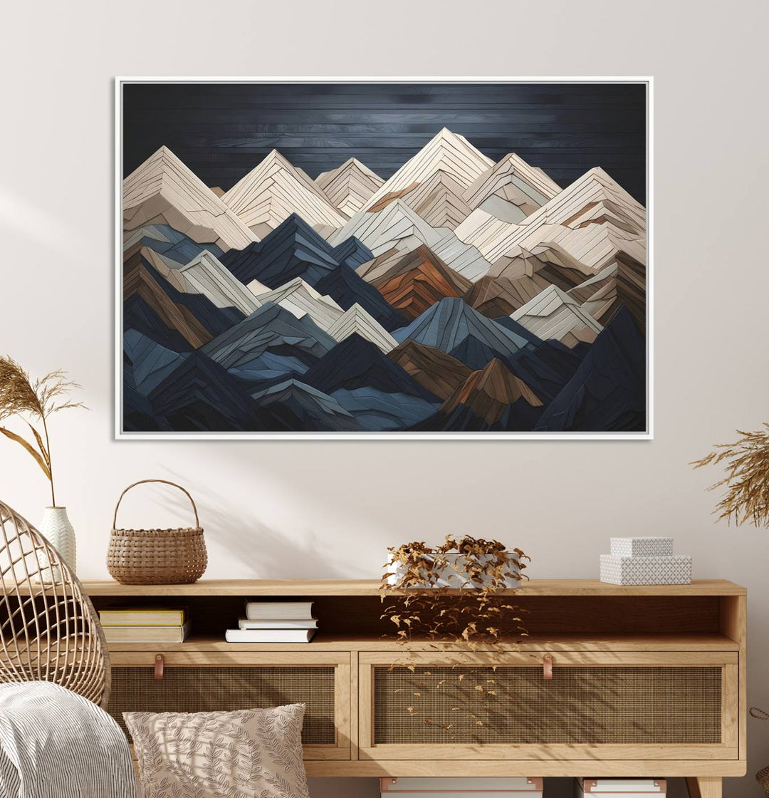 Abstract wood mountain range wall art in a 3-piece set featuring shades of blue, brown, and cream, ideal for modern rustic decor.