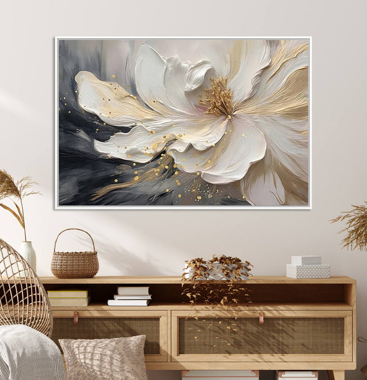 Elegant White and Gold Floral Triptych Canvas Art, a modern textured flower painting for home or office decor, features a blurred gray background.