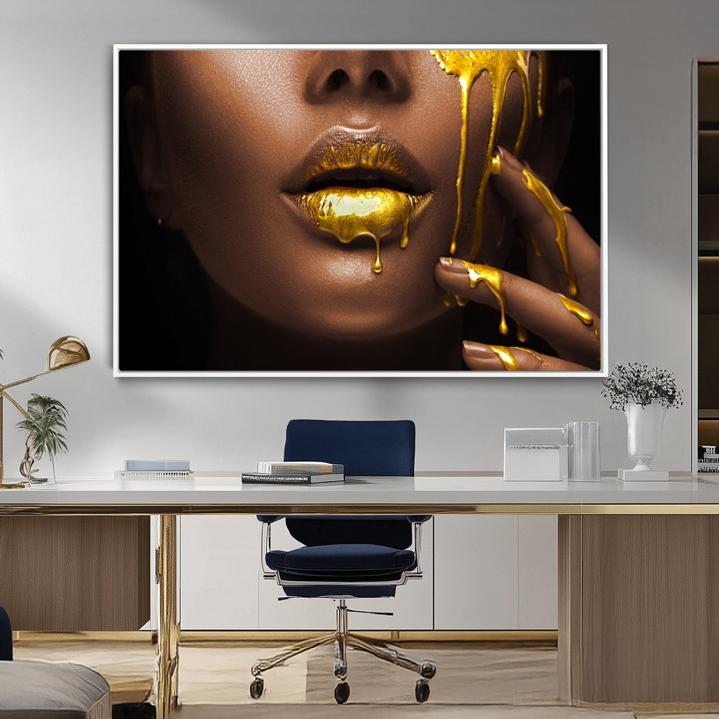 MGV-FC-36X24 - African American Art Black Woman Canvas Print, African Wall Art, Fashion African Woman Gold Lips