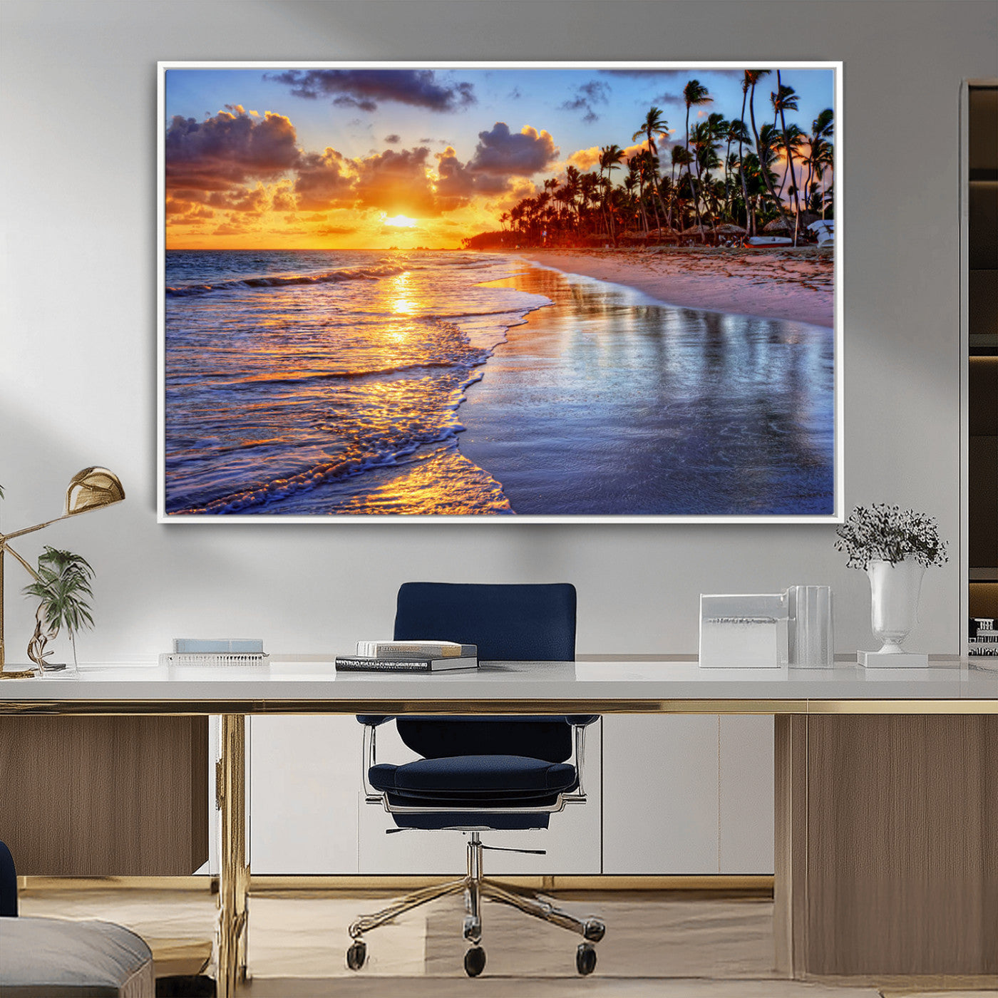 MGV-FC-36X24 - Serene Beach Sunset Wall Art Canvas- Coastal Seascape Print for Living Room or Bedroom, Ocean Waves