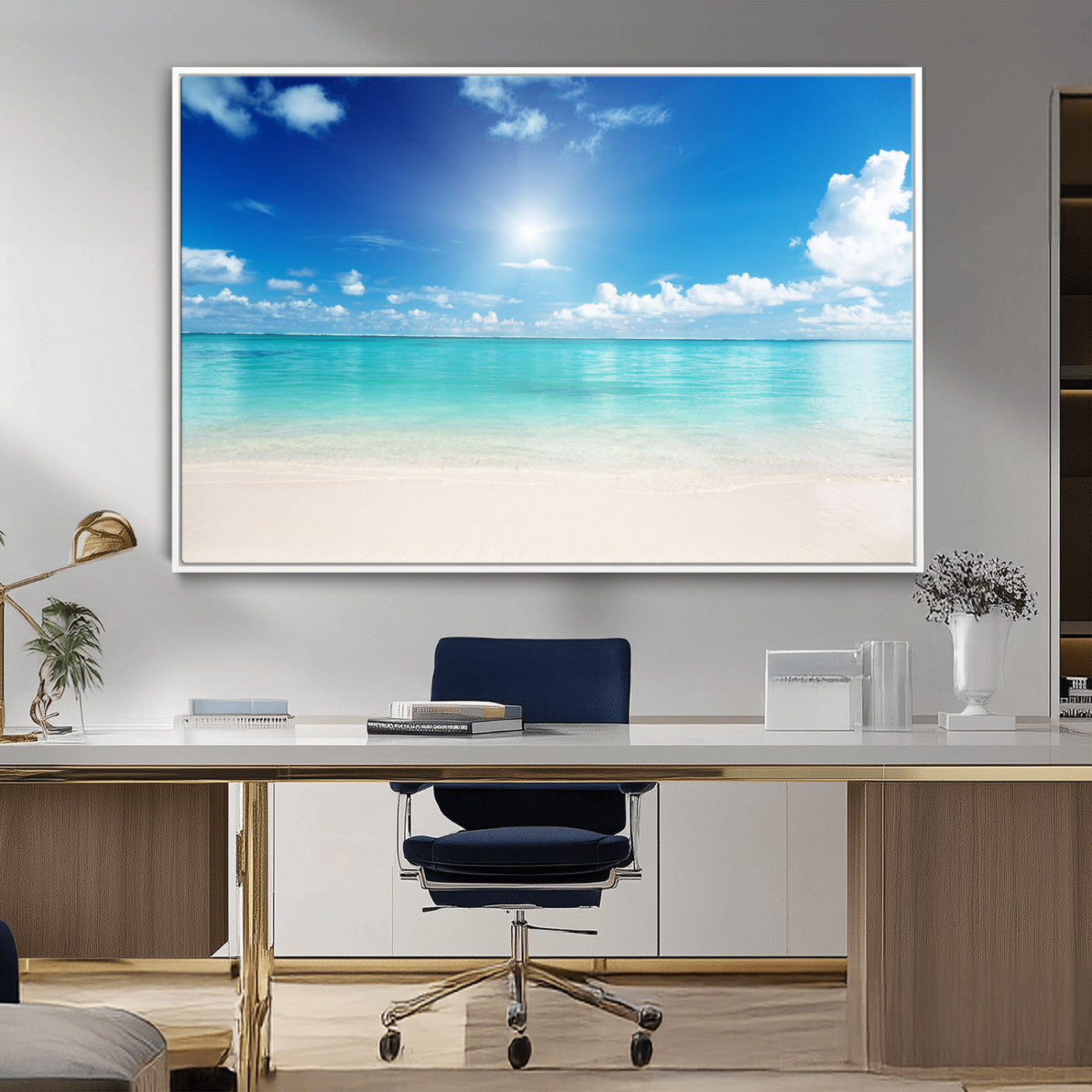 MGV-FC-36X24 - Blue Ocean Wall Art Canvas Print - Tranquil Ocean Paradise Triptych Wall Art - Ready to Hang Beach
