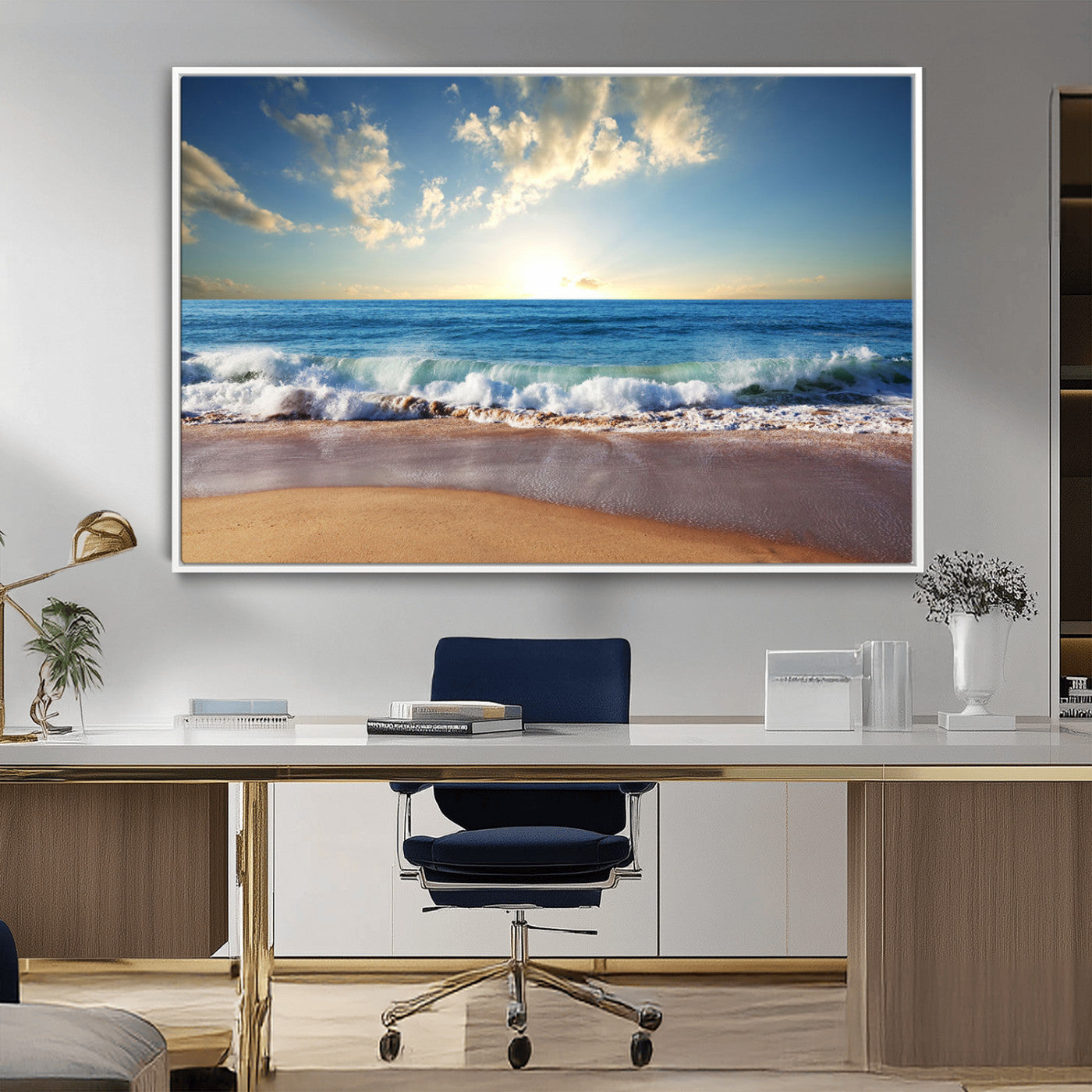 MGV-FC-36X24 - Serene Ocean Sunset Canvas Wall Art - Beach Waves at Sunset, Ready to Hang