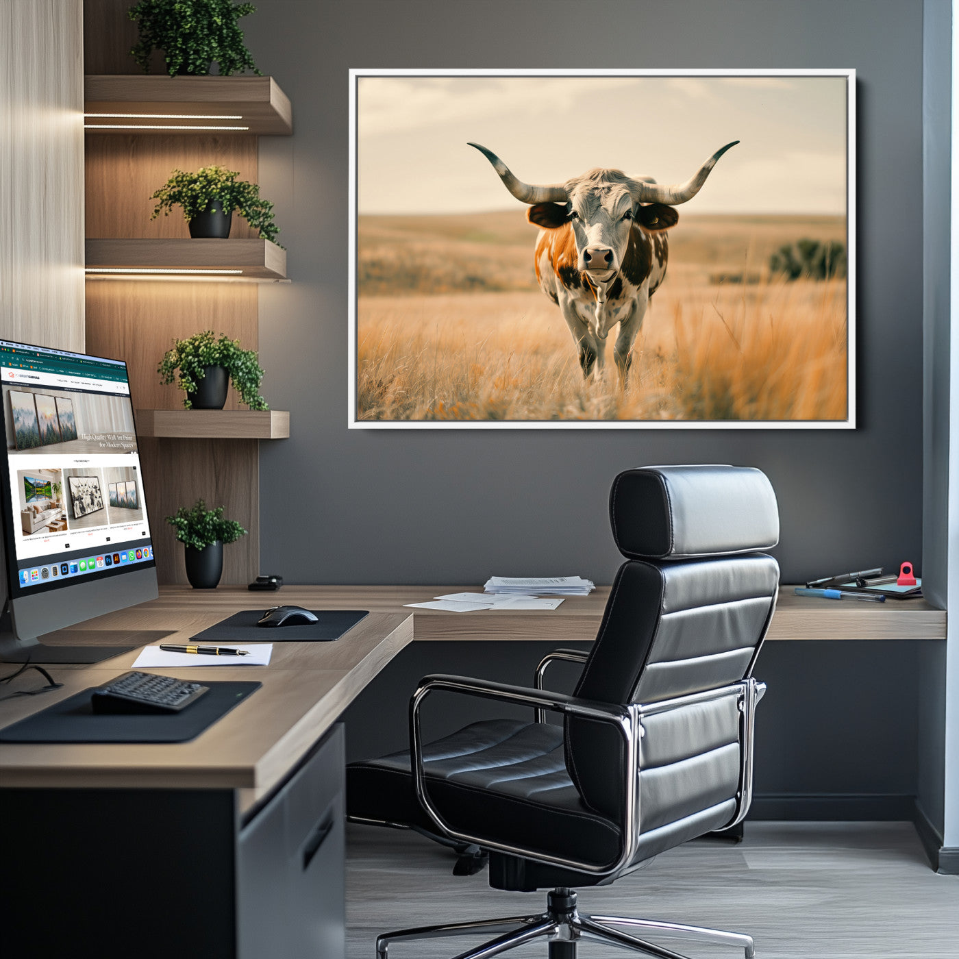 16580-MGV-CV-36X24-Texas Cow Longhorn Wall Art Canvas Print for Farm House Wall Decor, Farmhouse Cow Print Canvas Wall Art Print