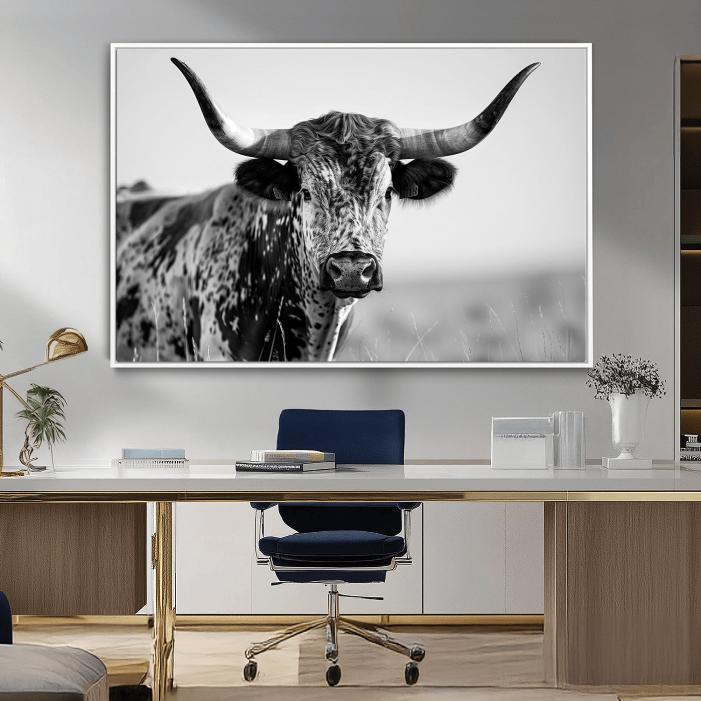 MGV-FC-36X24 - Texas Highland Cow Longhorn Canvas Print - Rustic Farmhouse Wall Art - Large Texas Longhorn