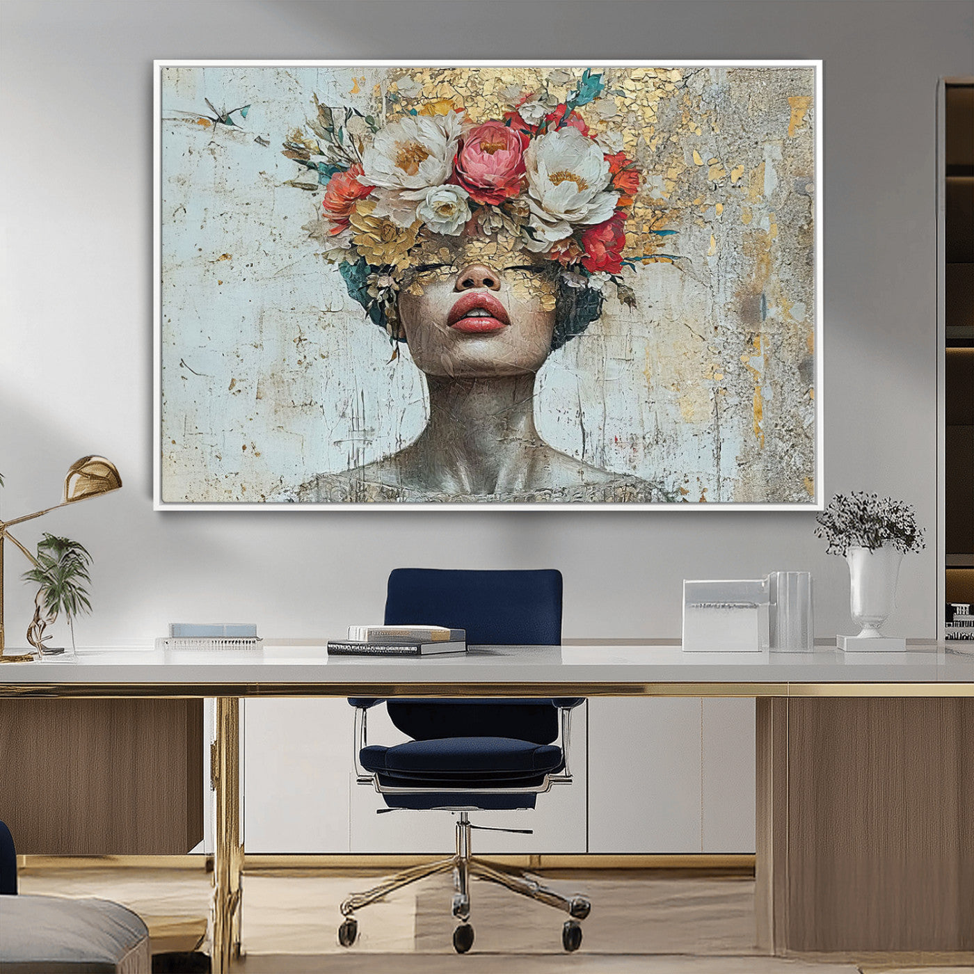 MGV-FC-36X24 - Golden Petal Wall Art Canvas Print - Silhouette Woman Wall Art Canvas Print, Floral Woman Portrait