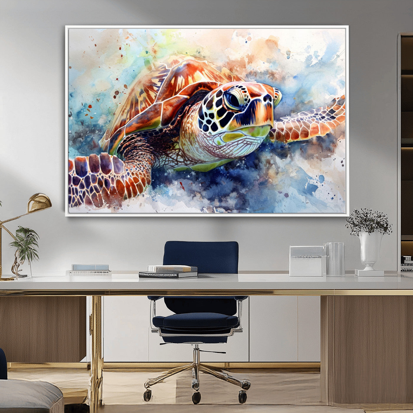 MGV-FC-36X24 - Watercolor Sea Turtle Wall Art Canvas Print - Vibrant Ocean Colors in Watercolor Style - Ready to
