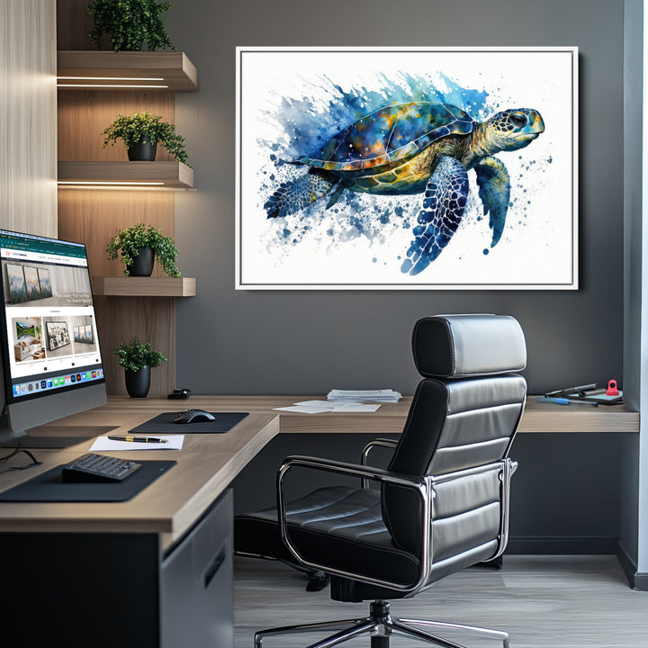 The Turtle Wall Art Print, featuring blue splashes, beautifully showcases Ocean Life.