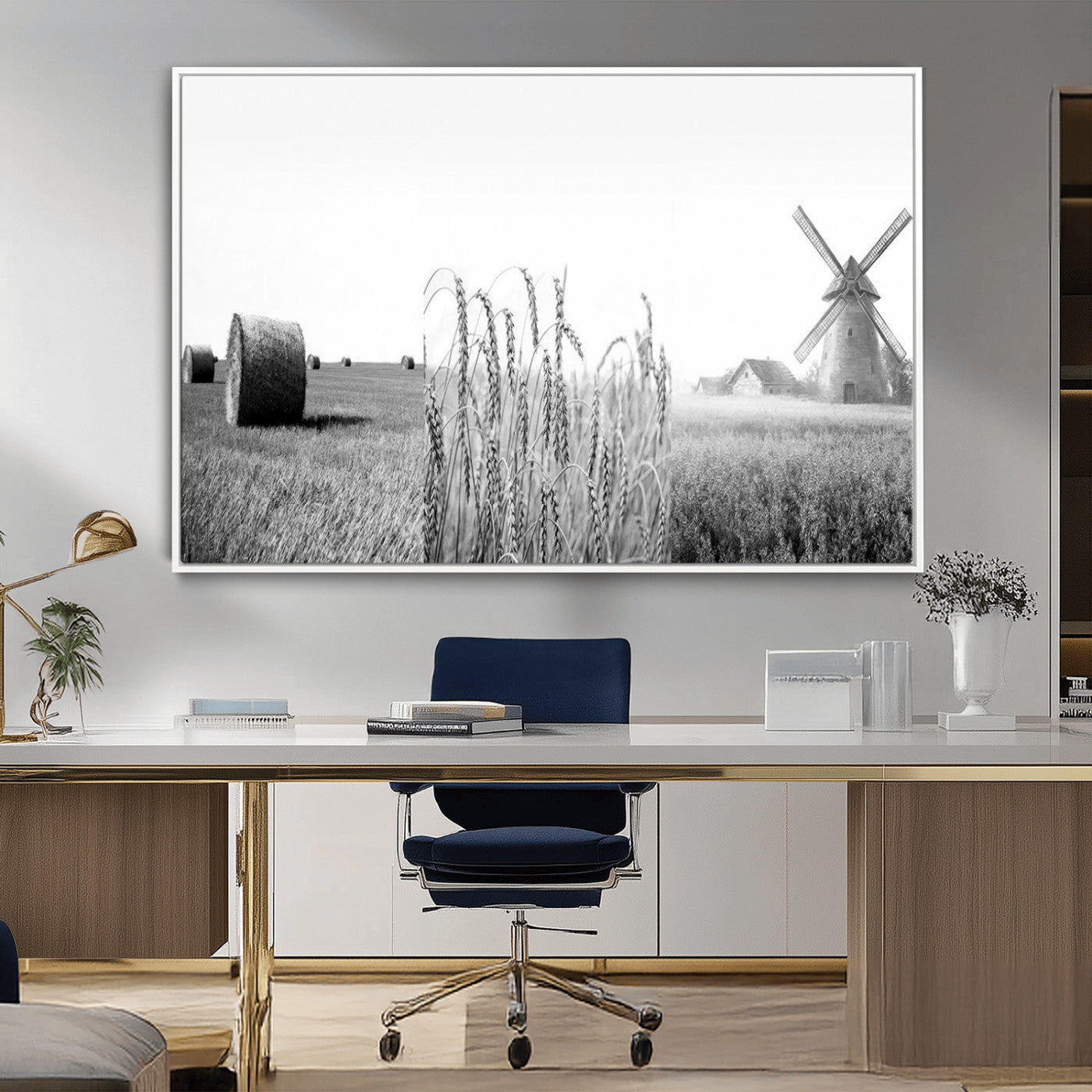 MGV-FC-36X24 - Vintage Farmhouse Black and White Triptych Wall Art – Giclee Canvas Featuring Wheat Fields, Hay