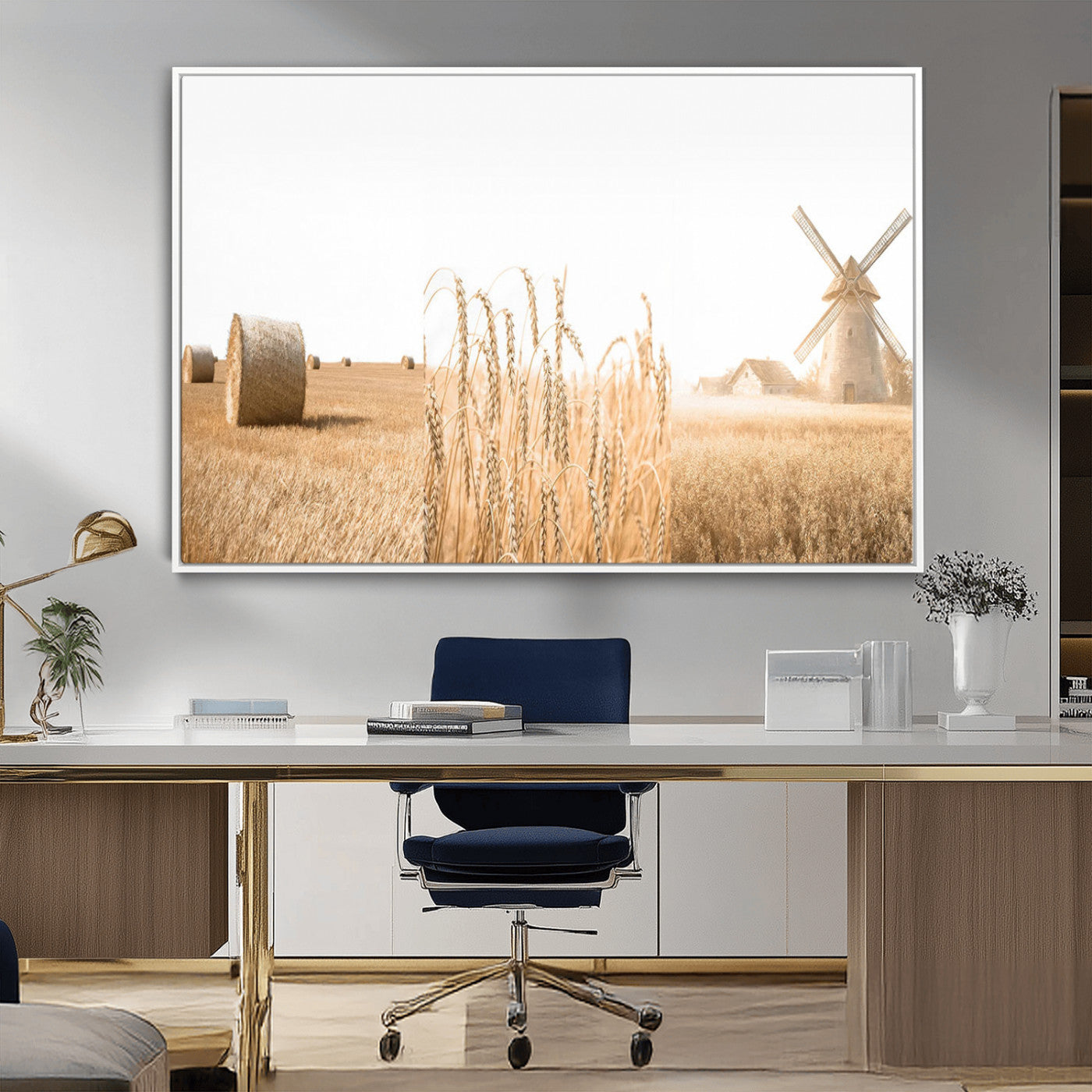 MGV-FC-36X24 - Vintage Farmhouse Triptych Wall Art – Giclée Canvas Featuring Wheat Fields, Hay Bales, and a
