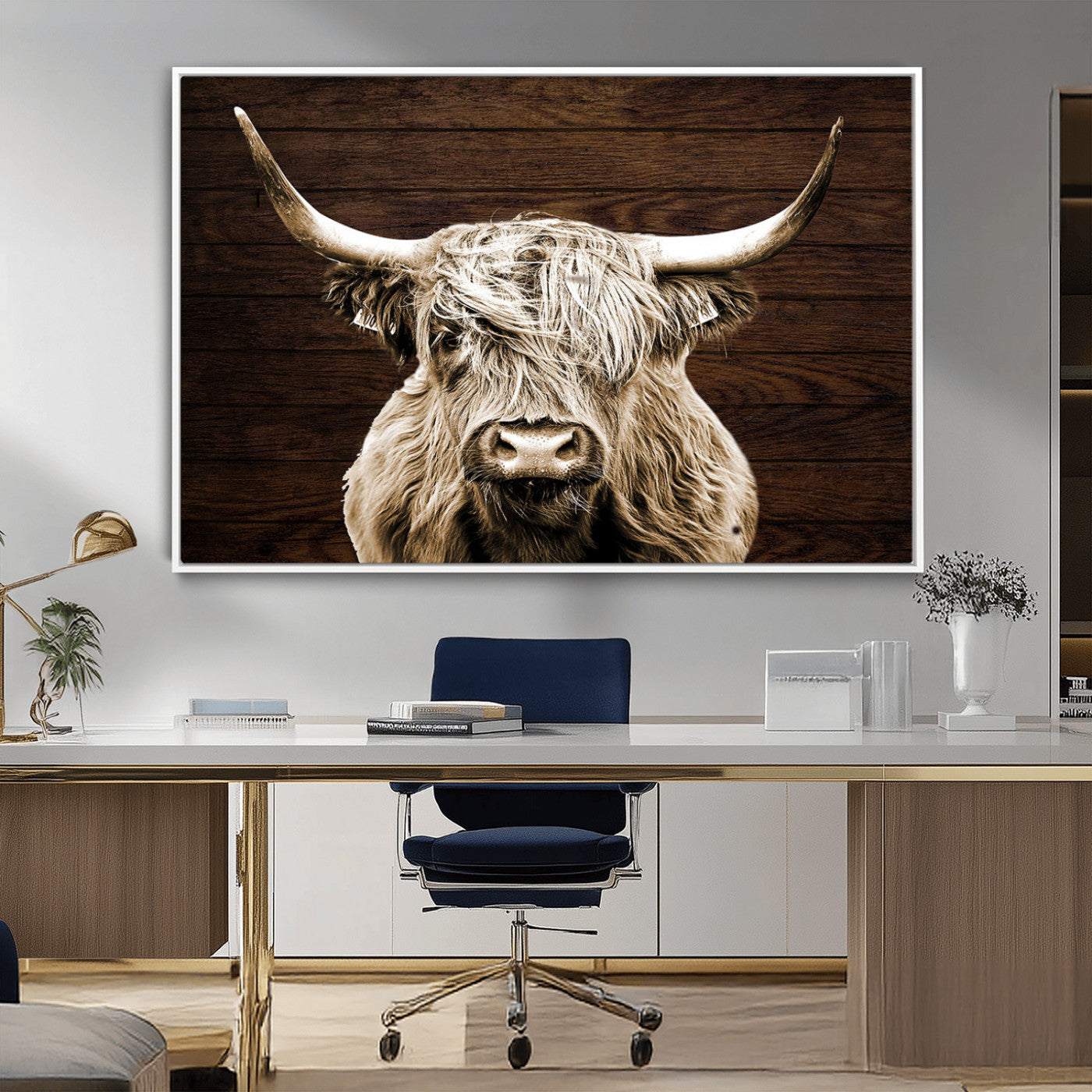 MGV-FC-36X24 - Highland Cow Wall Art Canvas Print, Rustic Farmhouse Decor, Majestic Scottish Highland Bull Portrait