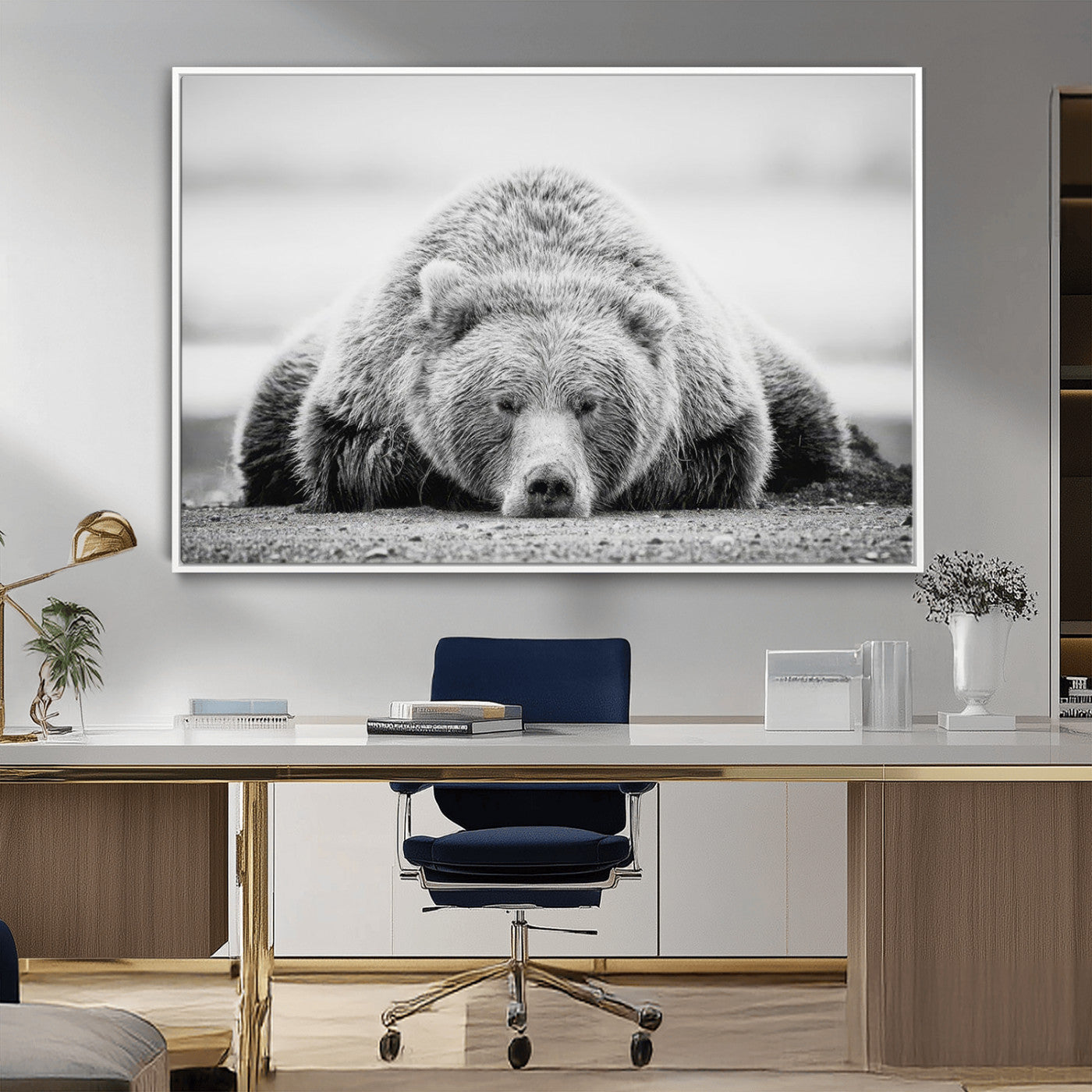 MGV-FC-36X24 - Resting Grizzly Bear Wall Art Canvas Print – Majestic Lazy Black and White Wildlife Bear Art,
