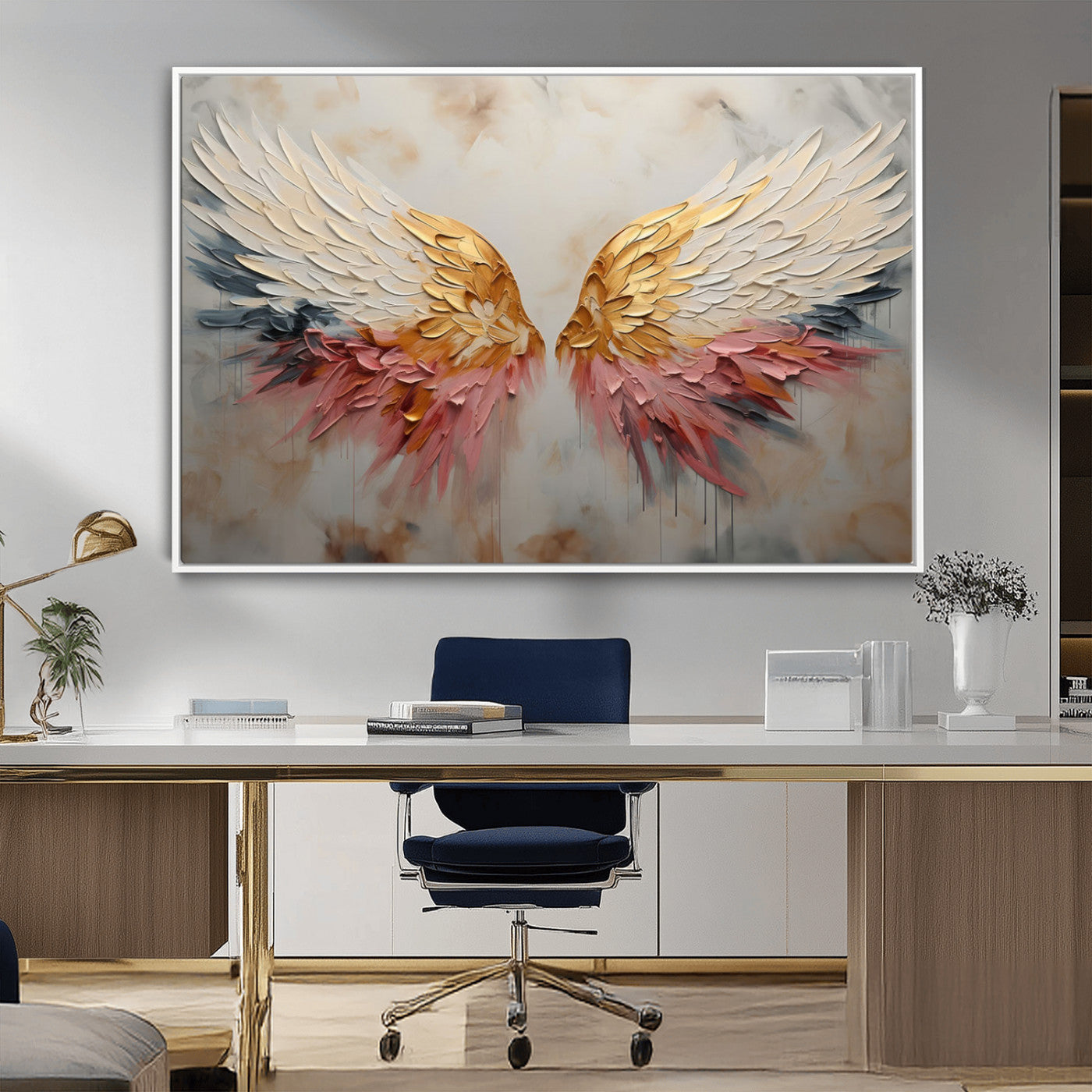 MGV-FC-36X24 - Golden Angel Wings Wall Art Canvas Print – Stunning Abstract Winged Art for Elegant Home Decor –
