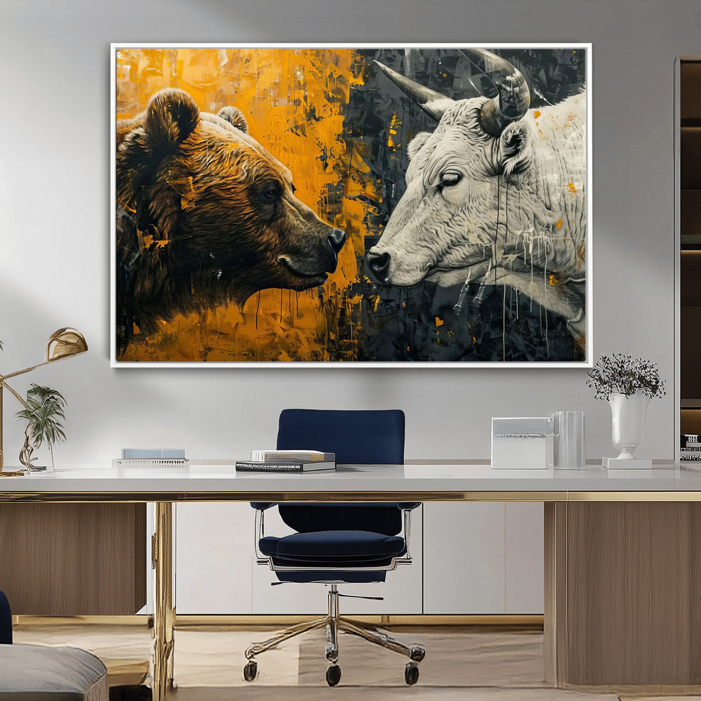 MGV-FC-36X24 - Bear and Bull Wall Art Canvas Print – Abstract Animal Portrait Painting for Modern Home Decor –