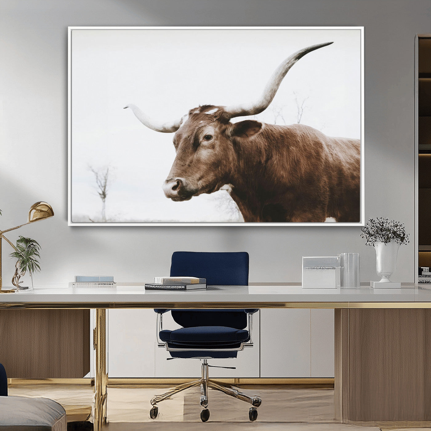 MGV-FC-36X24 - Rustic Bull Wall Art Canvas Print – Modern Longhorn Farmhouse Animal Decor – Abstract Farm Cow