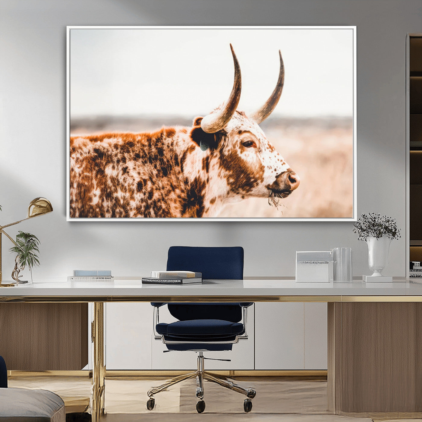 -Speckled Bull Wall Art Canvas Print – Rustic Cow Longhorn Farmhouse Animal Decor – Western Longhorn