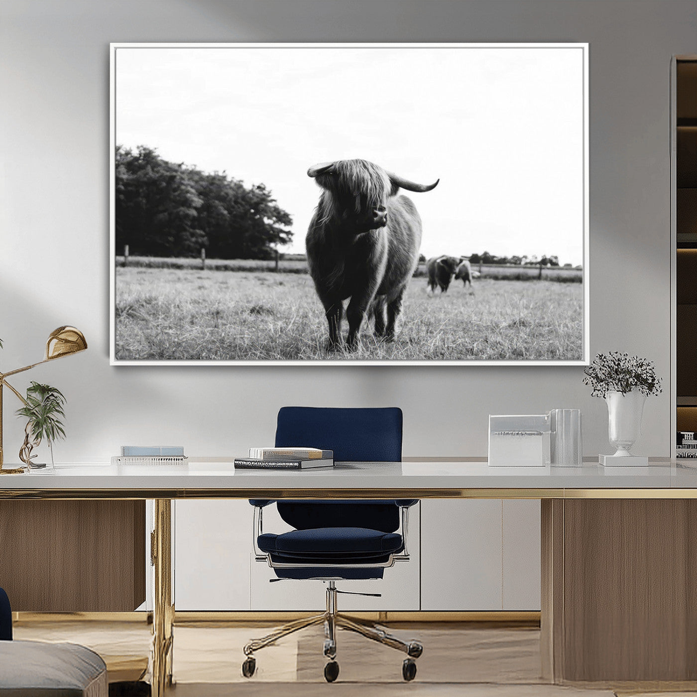 MGV-FC-36X24 - Black and White Highland Cow Wall Art Canvas Print | Rustic Western Decor for Living Room or Office,