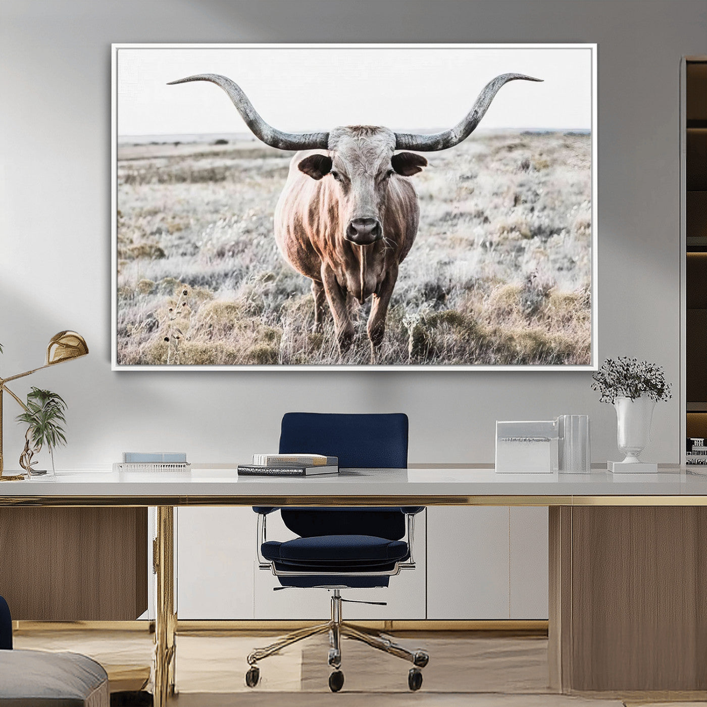-Rustic Texas Longhorn Wall Art Canvas Print | Western Farmhouse Decor for Living Room or Office,