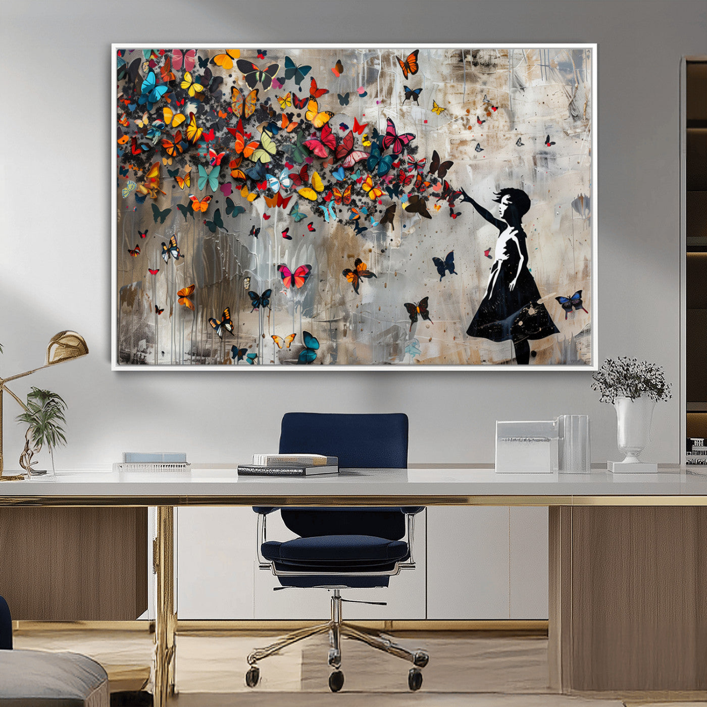 MGV-FC-36X24 - Banksy Wall Art - Banksy Girl and Butterfly Explosion Wall Art Canvas Print | Girl with Butterflies