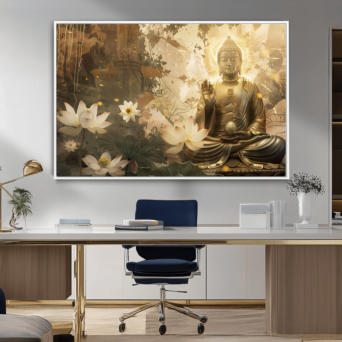 MGV-FC-36X24 - Zen Buddha Wall Art Canvas Print | Peaceful Meditation Decor with Lotus Flowers | Spiritual Serenity