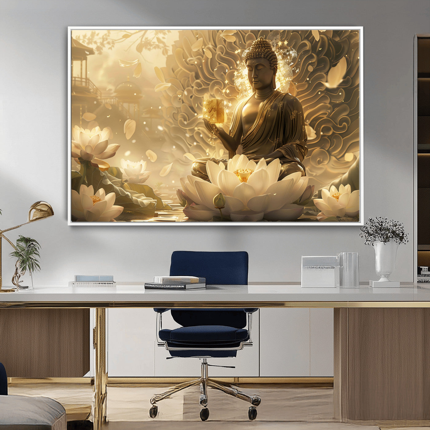 MGV-FC-36X24 - Golden Buddha Wall Art | Yoga Room Decor and Meditation Room Wall Art | Framed and Ready to Hang